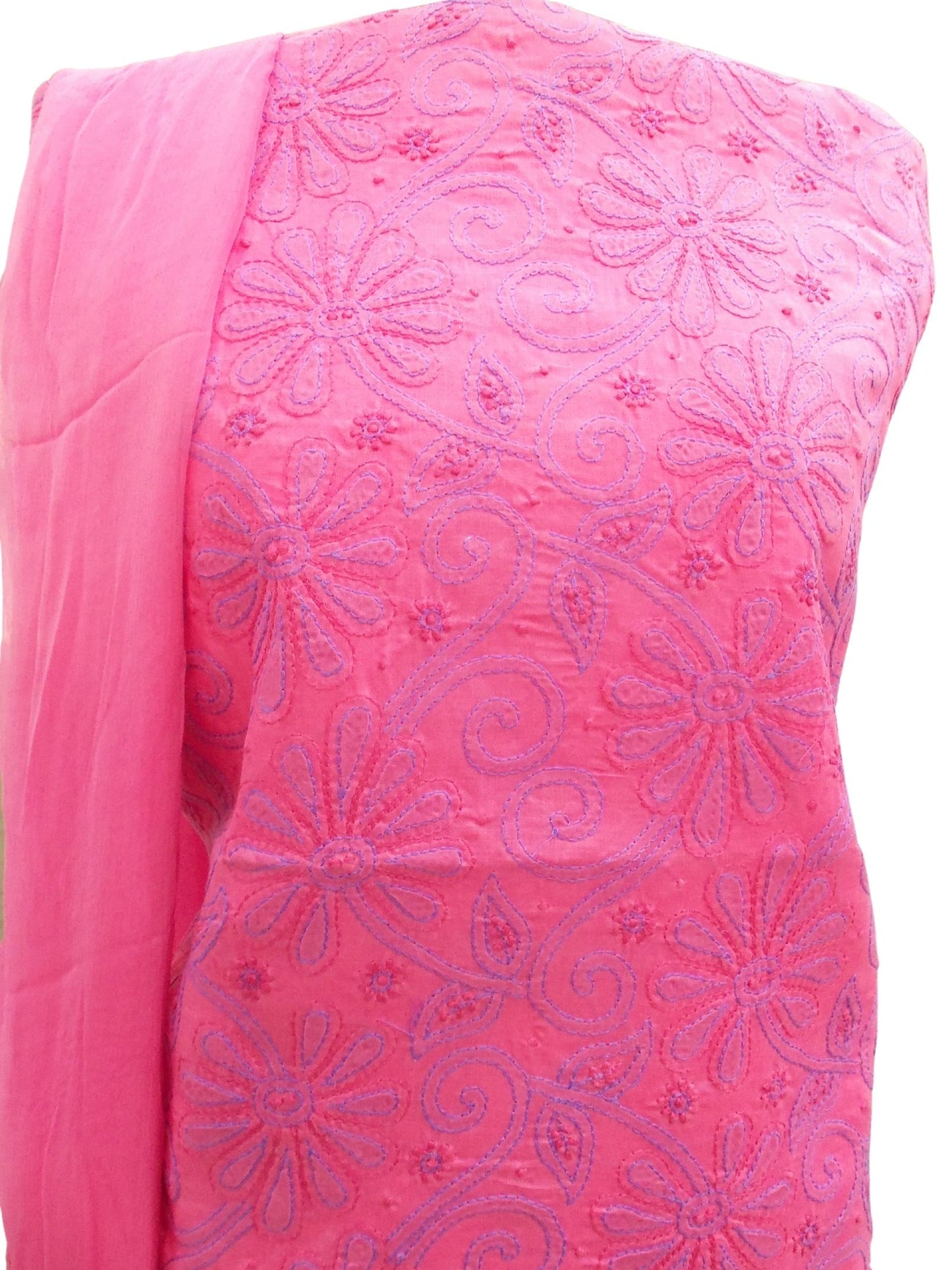 Shyamal Chikan Hand Embroidered Pink Cotton Lucknowi Chikankari Unstitched Suit Piece - S3583