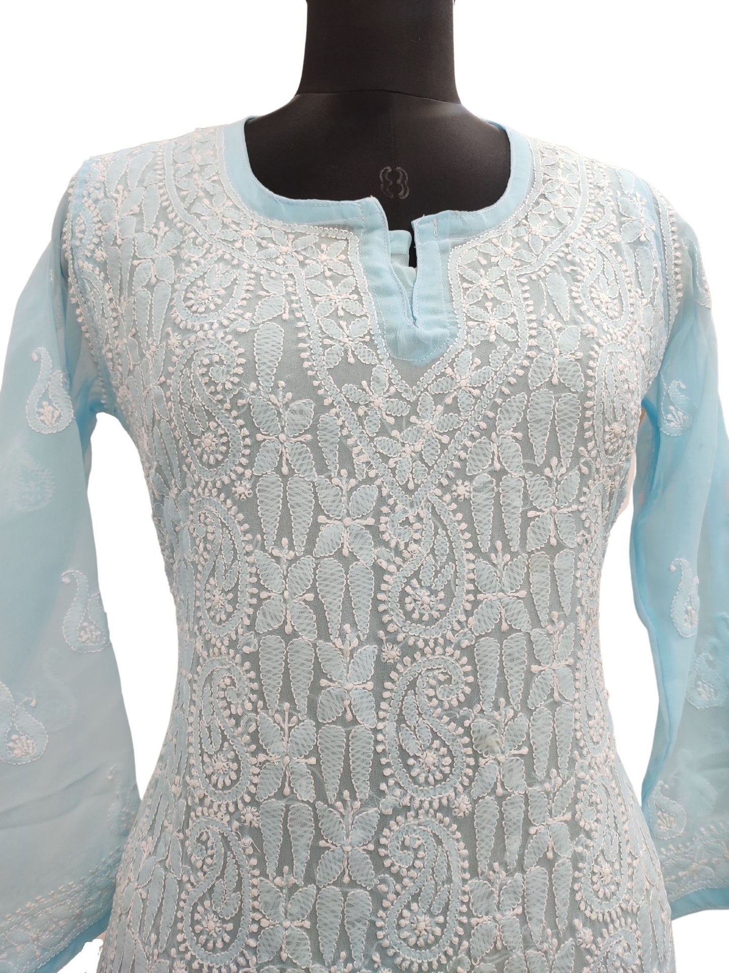 Shyamal Chikan Hand Embroidered Sky Blue Georgette Lucknowi Chikankari Short Top- S15689