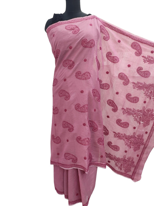 Shyamal Chikan Hand Embroidered Pink Chanderi Lucknowi Chikankari Saree With Blouse Piece - S13954