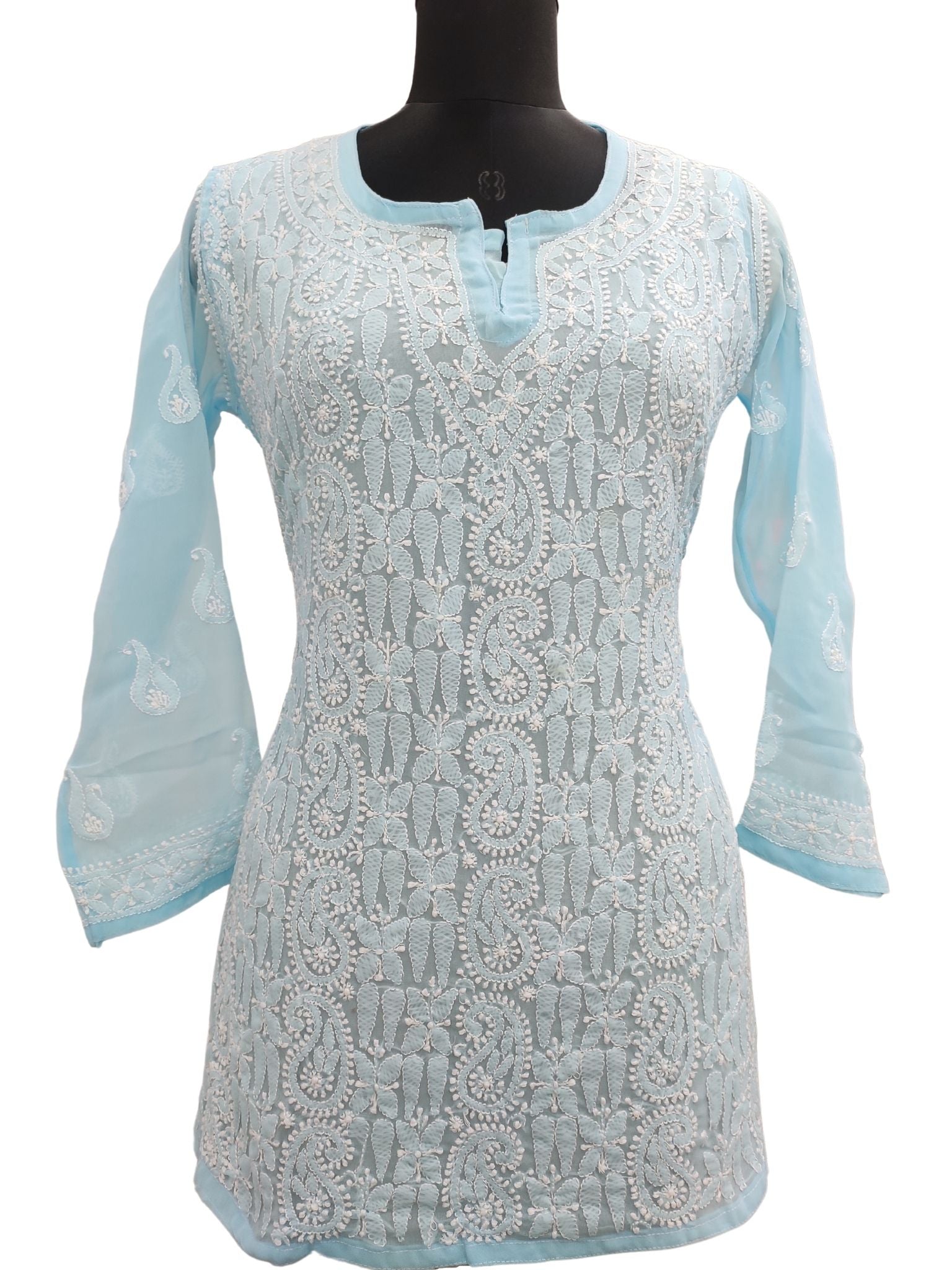 Shyamal Chikan Hand Embroidered Sky Blue Georgette Lucknowi Chikankari Short Top- S15689 