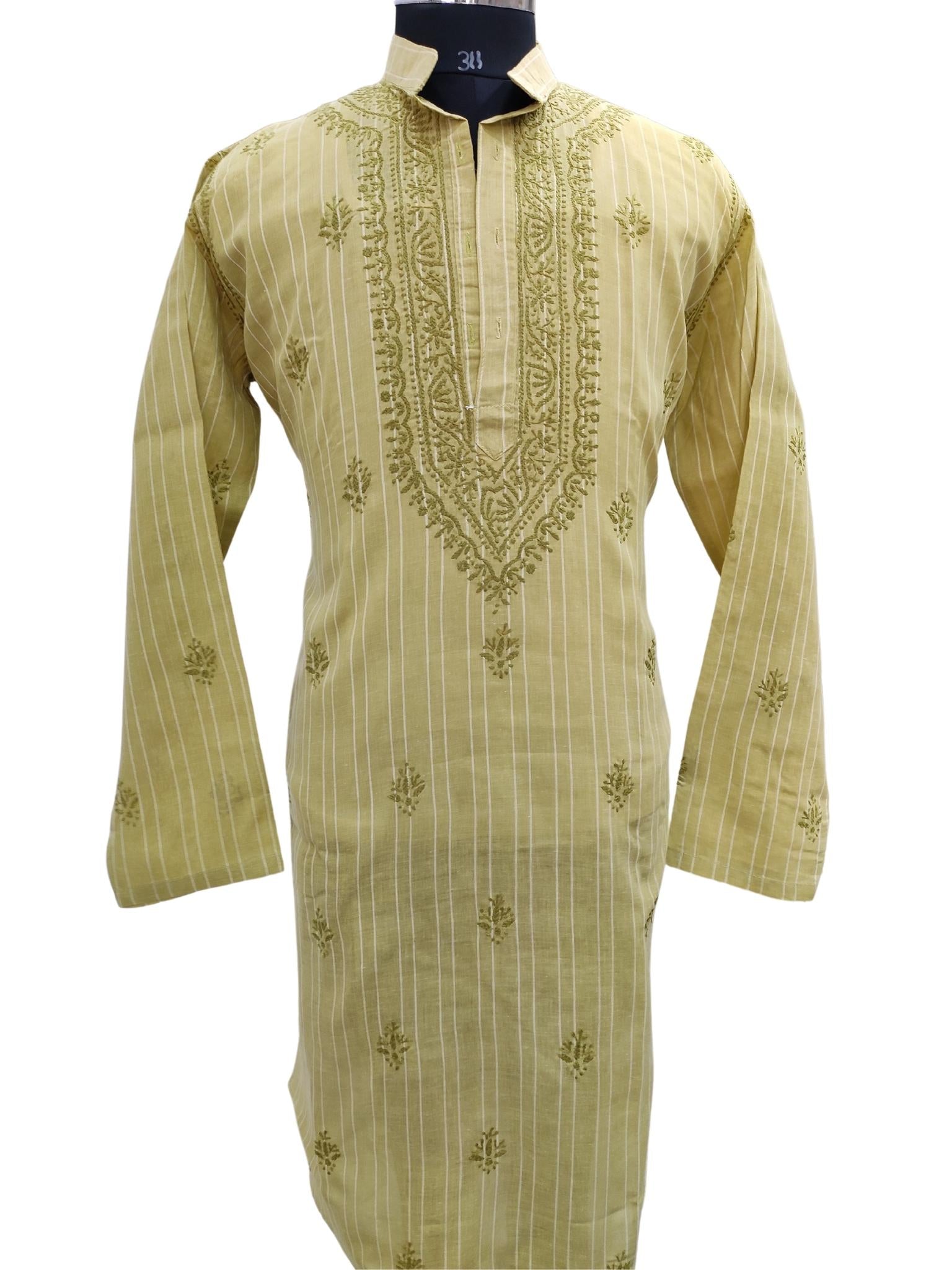 Shyamal Chikan Hand Embroidered Green Cotton Lucknowi Chikankari Men's Kurta – S17399