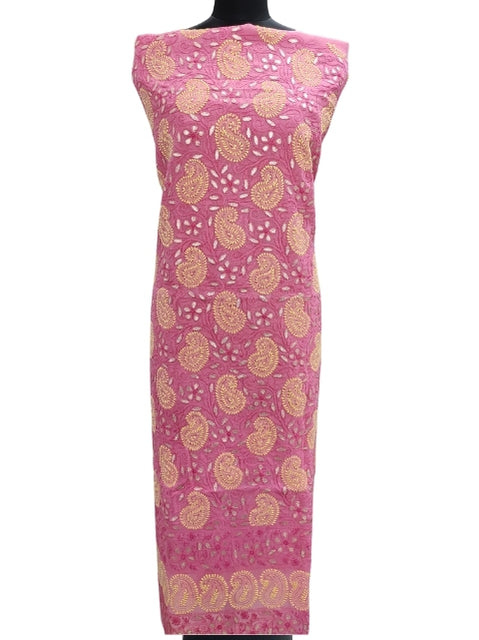 Shyamal Chikan Hand Embroidered Pink Cotton Lucknowi Chikankari Unstitched Kurta Piece With Gotta Patti Work- S182