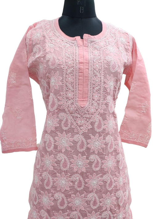 Shyamal Chikan Hand Embroidered Peach Cotton Lucknowi Chikankari Kurti With Jaali Work- S18619