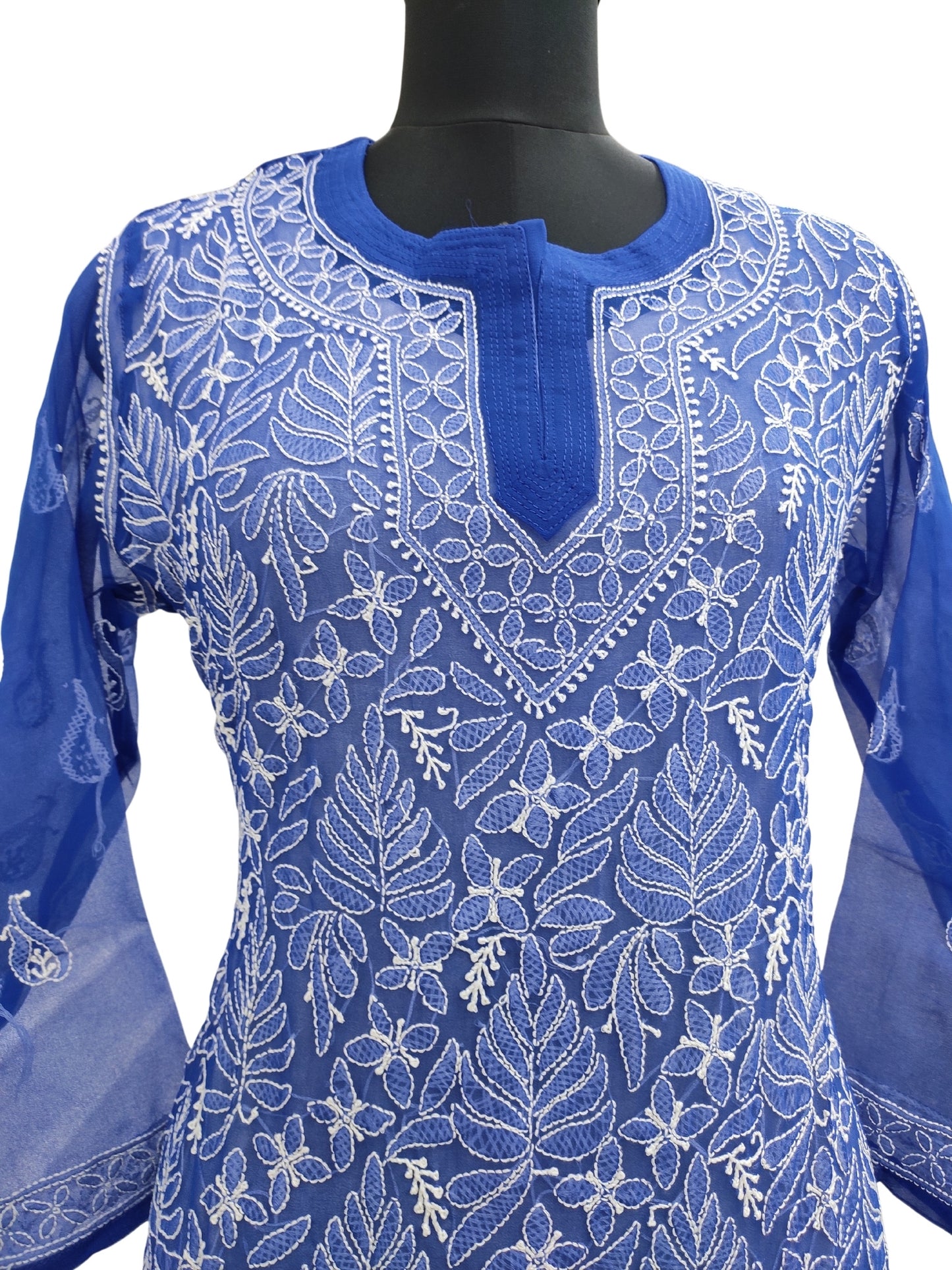 Shyamal Chikan Hand Embroidered Blue Georgette Lucknowi Chikankari Short Top- S15717