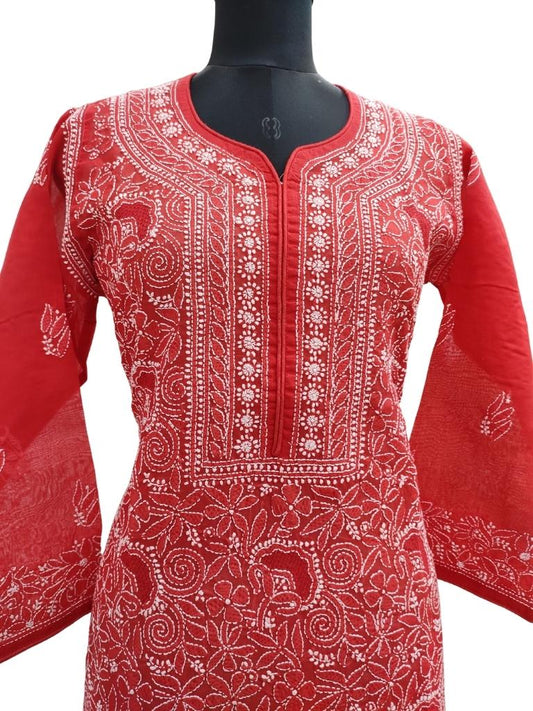 Shyamal Chikan Hand Embroidered Red Cotton Lucknowi Chikankari Kurti With Jaali Work - S14523