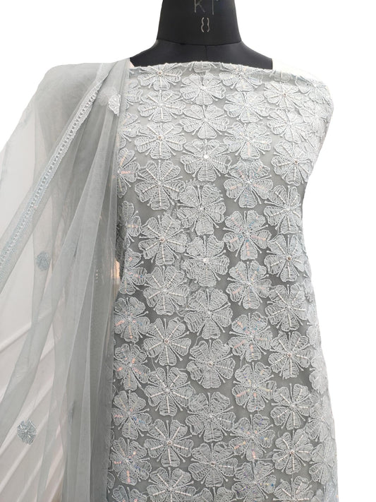 Shyamal Chikan Hand Embroidered  Grey Tissue Net Lucknowi Chikankari Unstitched Suit Piece ( Kurta Dupatta Set ) With Pearl And Sequin Work - S11338