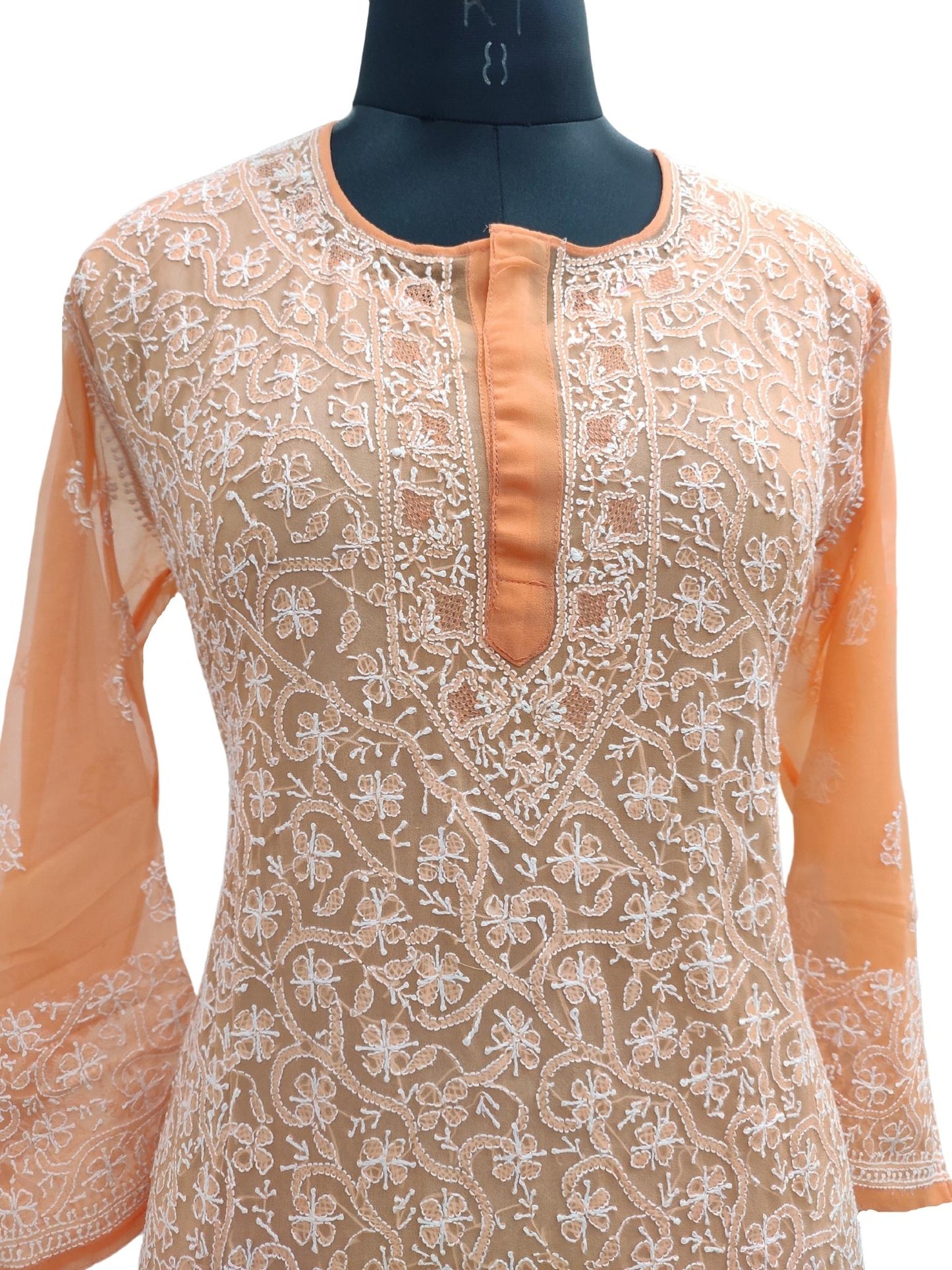 Shyamal Chikan Hand Embroidered Orange Georgette All-Over Lucknowi Chikankari Short Top - S16992