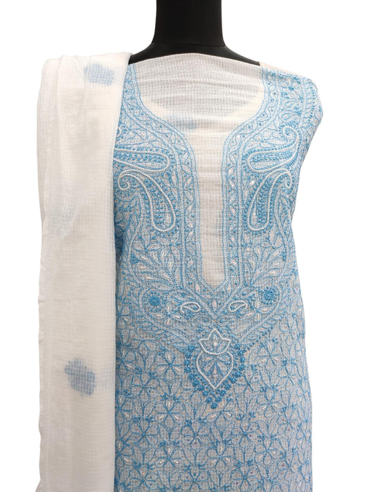 Shyamal Chikan Hand Embroidered White Kota Cotton Lucknowi Chikankari Unstitched Suit Piece With Pearl Work ( Kurta Dupatta Set ) - S16609