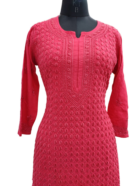 Shyamal Chikan Hand Embroidered Pink Rayon Cotton Lucknowi Chikankari Kurti- S19109