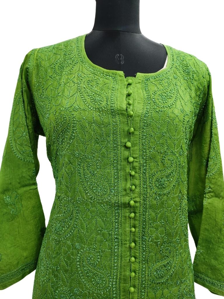 Shyamal Chikan Hand Embroidered Green Pure Tusser Silk Lucknowi Chikankari Kurti- S14889