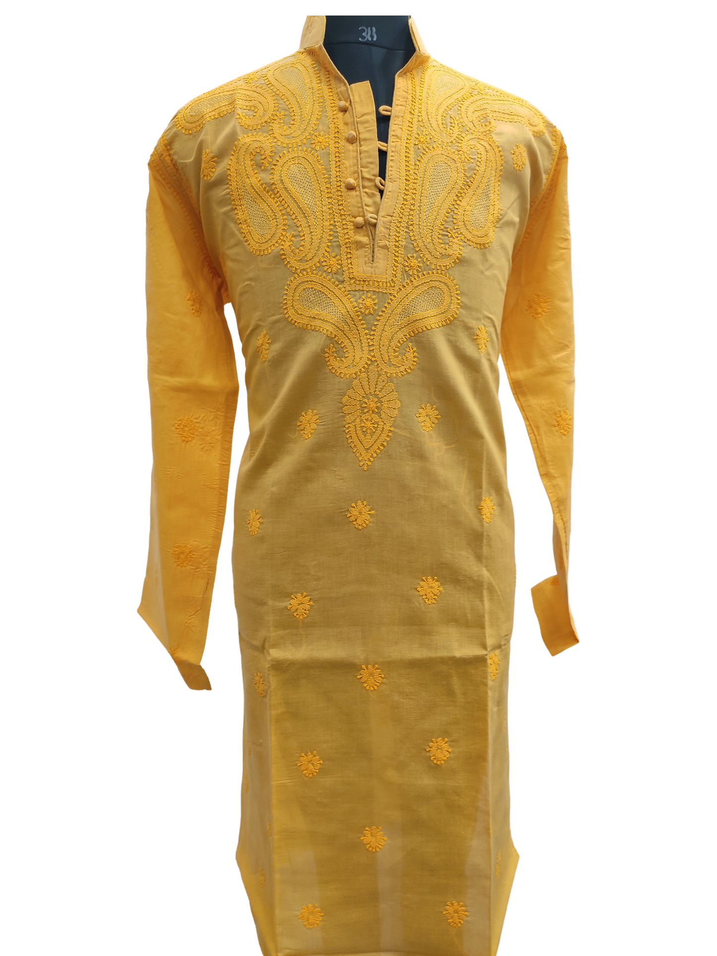  Shyamal Chikan Embroidered Yellow Cotton Lucknowi Chikankari Men's  Kurta – S10899