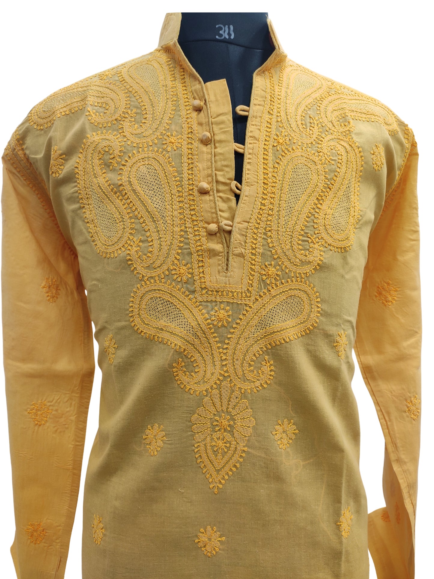 Shyamal Chikan Hand Embroidered Yellow Cotton Lucknowi Chikankari Men's  Kurta – S10899