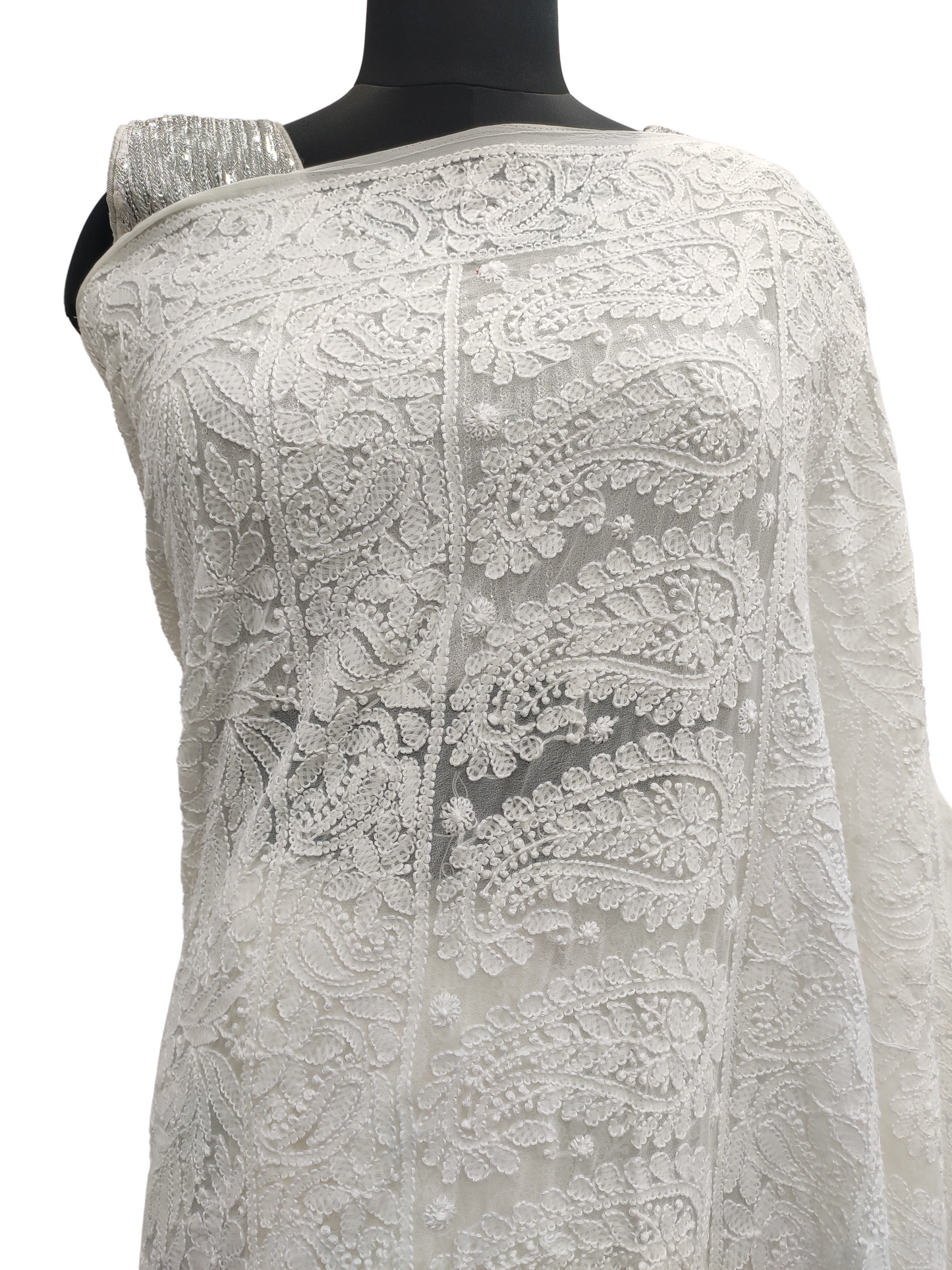 Shyamal Chikan Hand Embroidered Lemon Georgette Lucknowi Chikankari Full Jaal Saree With Blouse Piece - S10850