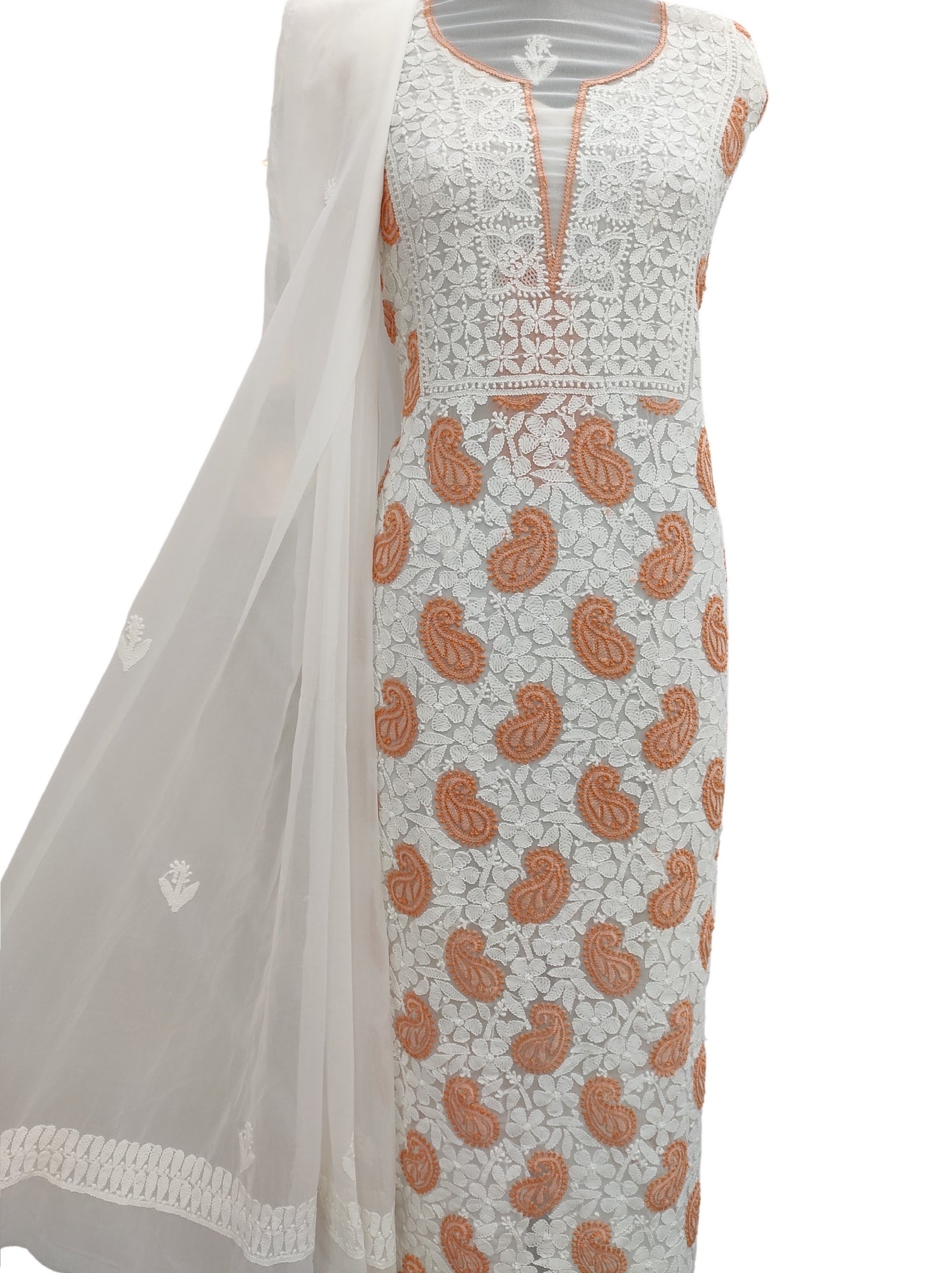 Shyamal Chikan Hand Embroidered White Georgette Lucknowi Chikankari Unstitched Suit Piece - S10661