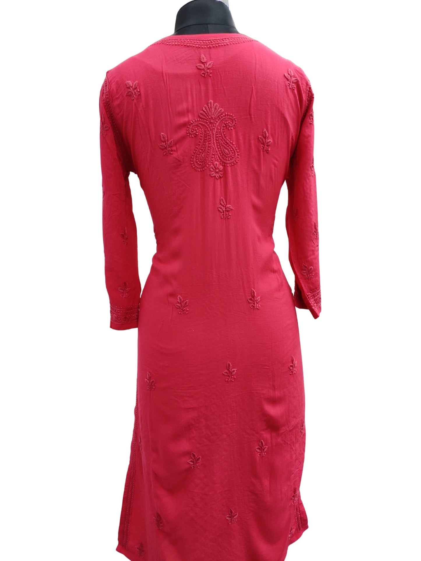 Shyamal Chikan Hand Embroidered Pink Rayon Cotton Lucknowi Chikankari Kurti- S19109