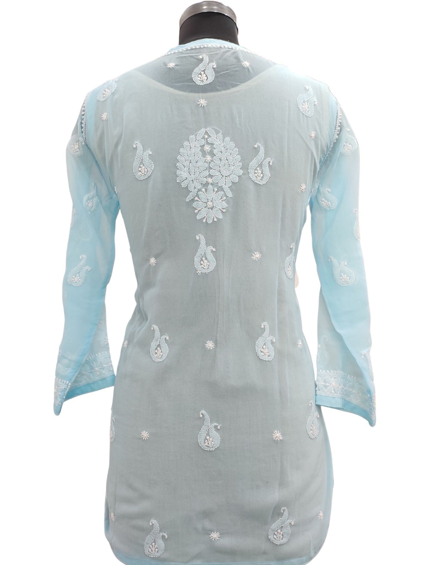 Shyamal Chikan Hand Embroidered Sky Blue Georgette Lucknowi Chikankari Short Top- S15689