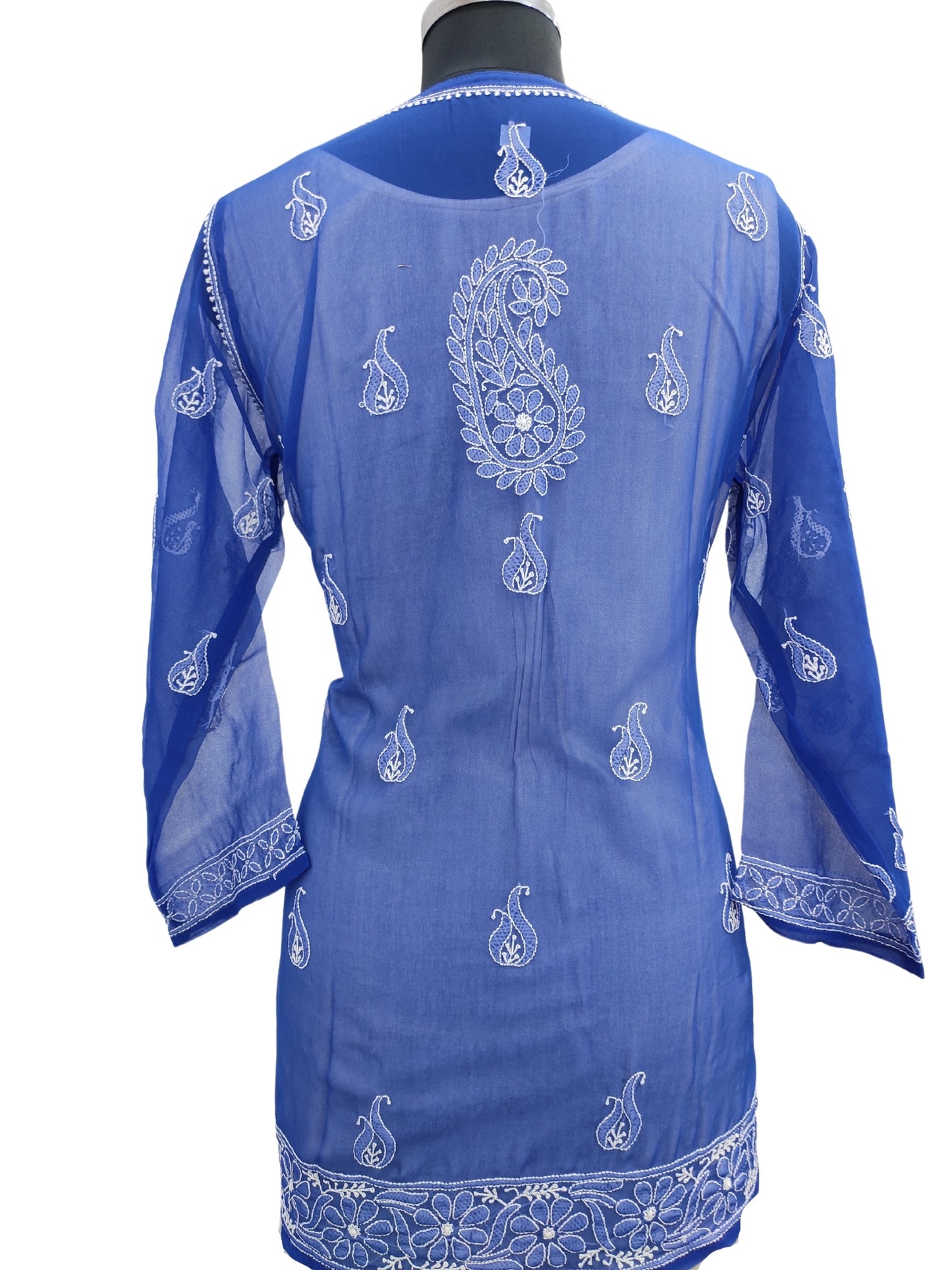 Shyamal Chikan Hand Embroidered Blue Georgette Lucknowi Chikankari Short Top- S15717