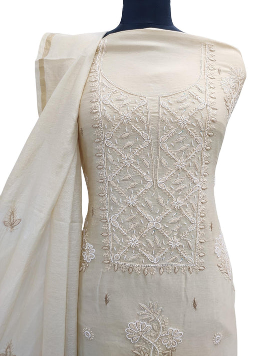 Shyamal Chikan Hand Embroidered Beige Chanderi Silk Lucknowi Chikankari Unstitched Suit Piece With Pearl Work ( Kurta Dupatta Set ) - S16372