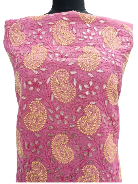 Shyamal Chikan Hand Embroidered Pink Cotton Lucknowi Chikankari Unstitched Kurta Piece With Gotta Patti Work- S182