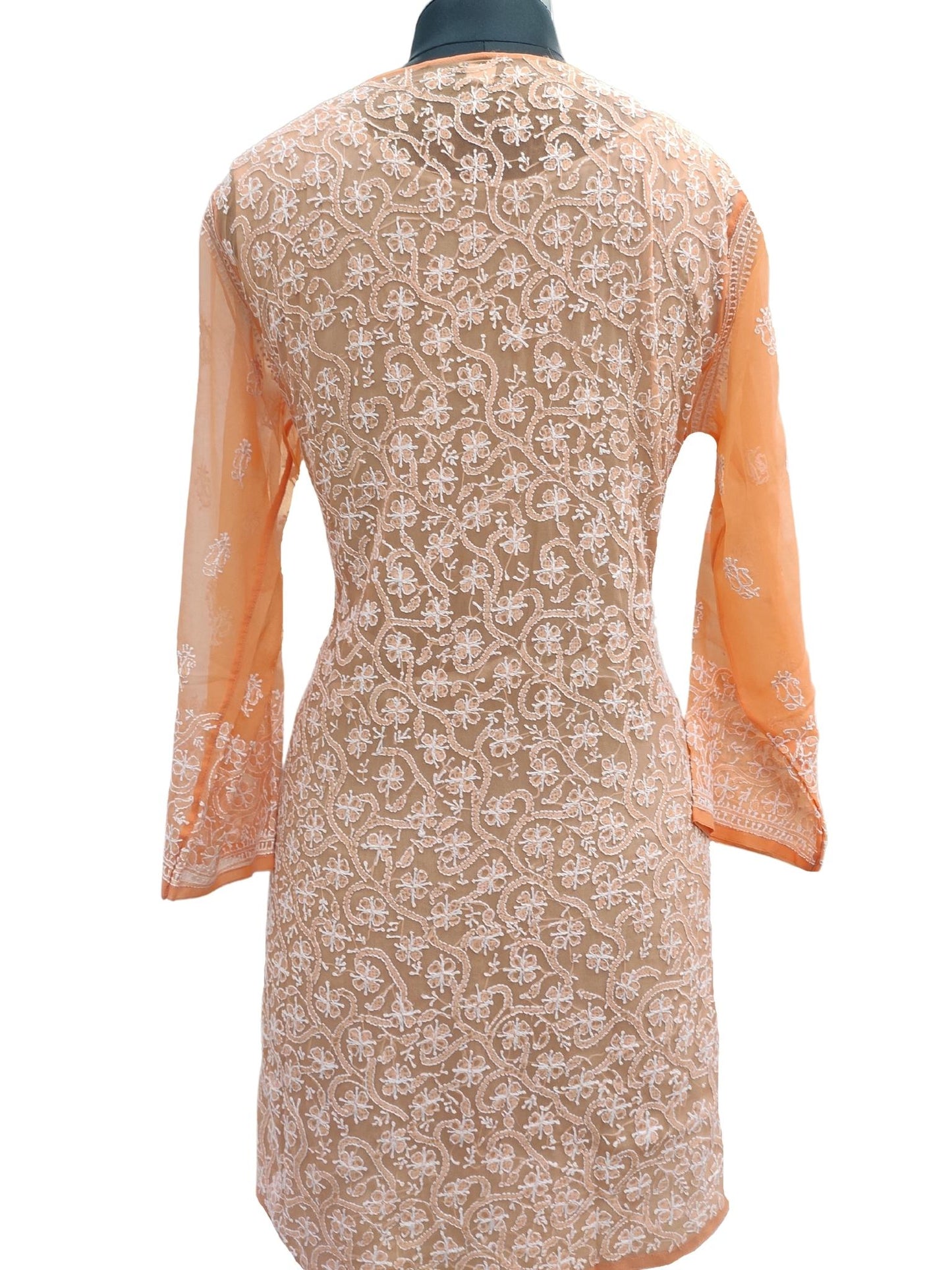 Shyamal Chikan Hand Embroidered Orange Georgette All-Over Lucknowi Chikankari Short Top - S16992