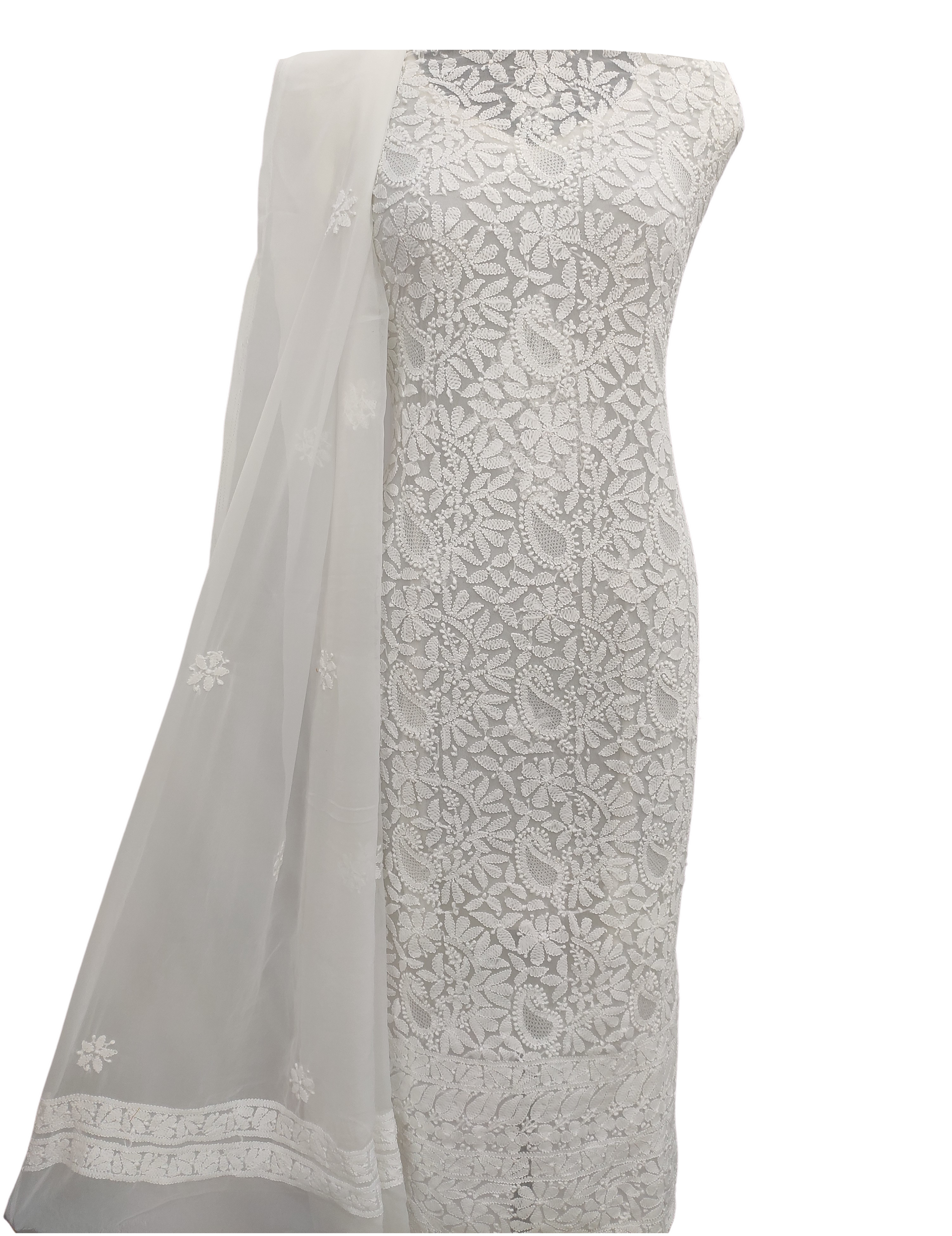 Shyamal Chikan Hand Embroidered White Georgette Lucknowi Chikankari Unstitched Suit Piece With Jaali Work - S10731 - Shyamal Chikan