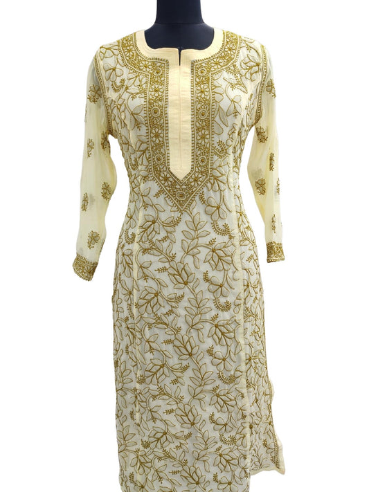 Shyamal Chikan Hand Embroidered Lemon Georgette Lucknowi Chikankari Kurti - S13616