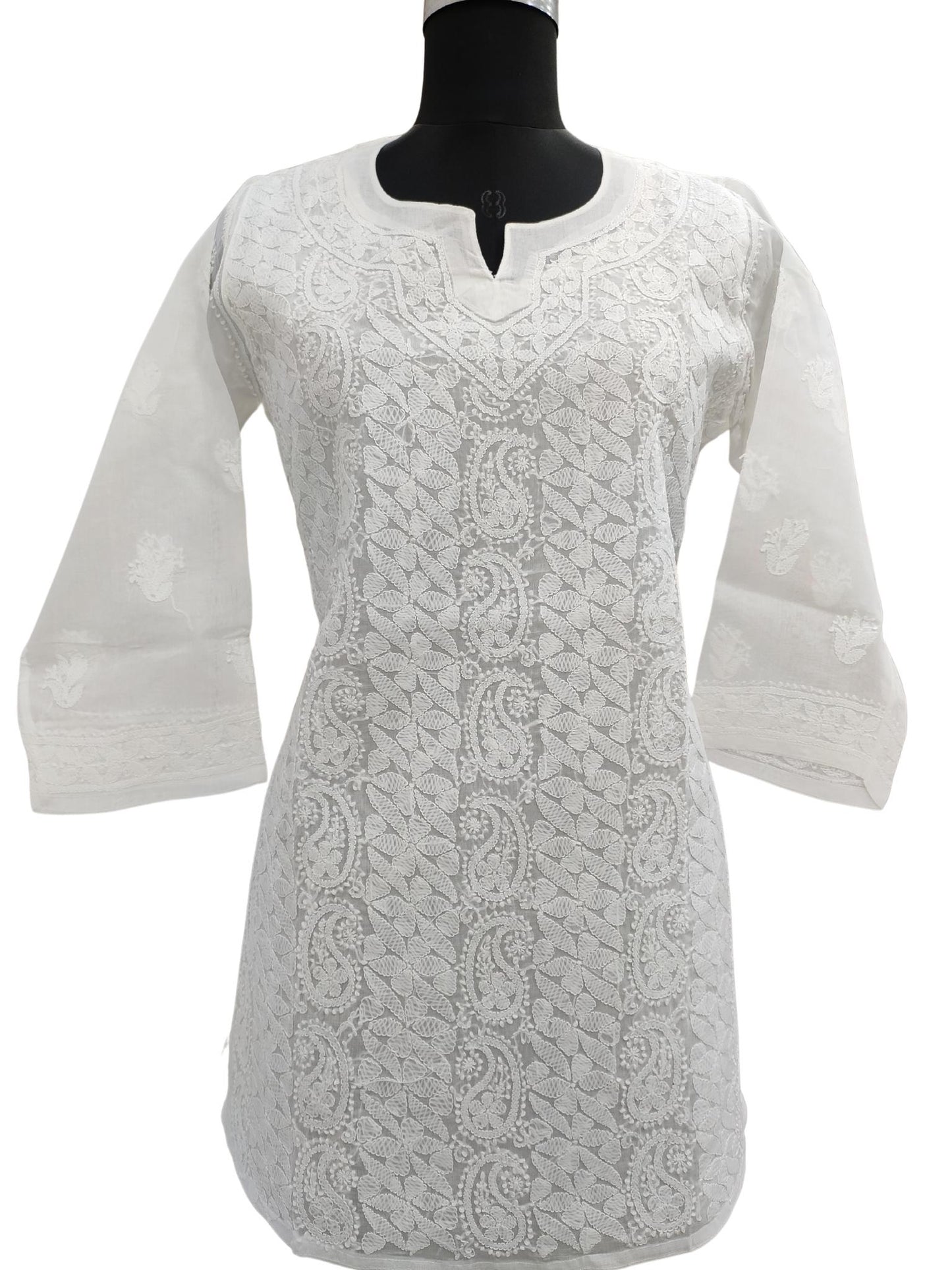 Shyamal Chikan Hand Embroidered White Cotton Lucknowi Chikankari Short Top - S15669