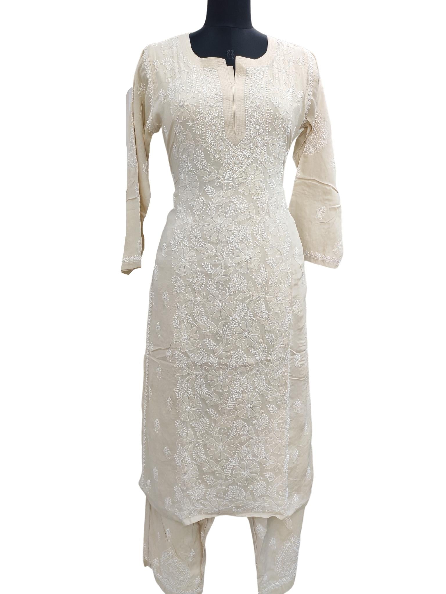Shyamal Chikan Hand Embroidered Beige Modal Lucknowi Chikankari Kurta and Bottom Set - S16221