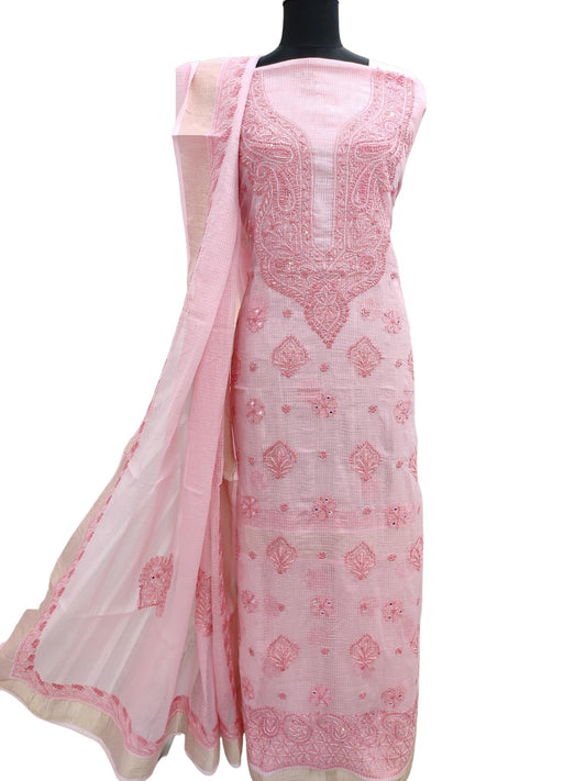 Shyamal Chikan Hand Embroidered Pink Kota Cotton Lucknowi Chikankari Unstitched Suit Piece With Pearl Work ( Set of 2 ) - S16615