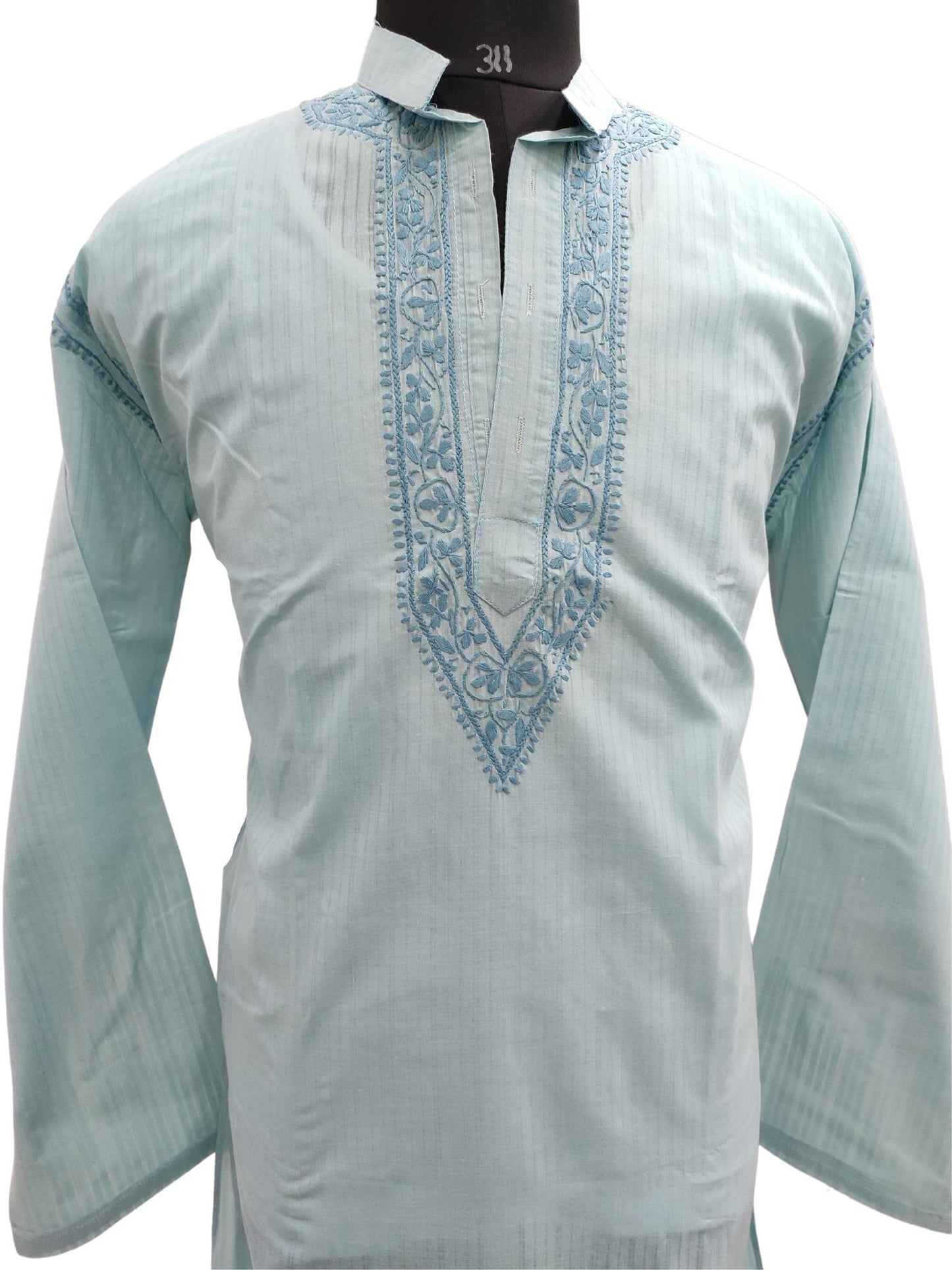 Shyamal Chikan Hand Embroidered Blue Cotton Lucknowi Chikankari Men's Kurta – S17305
