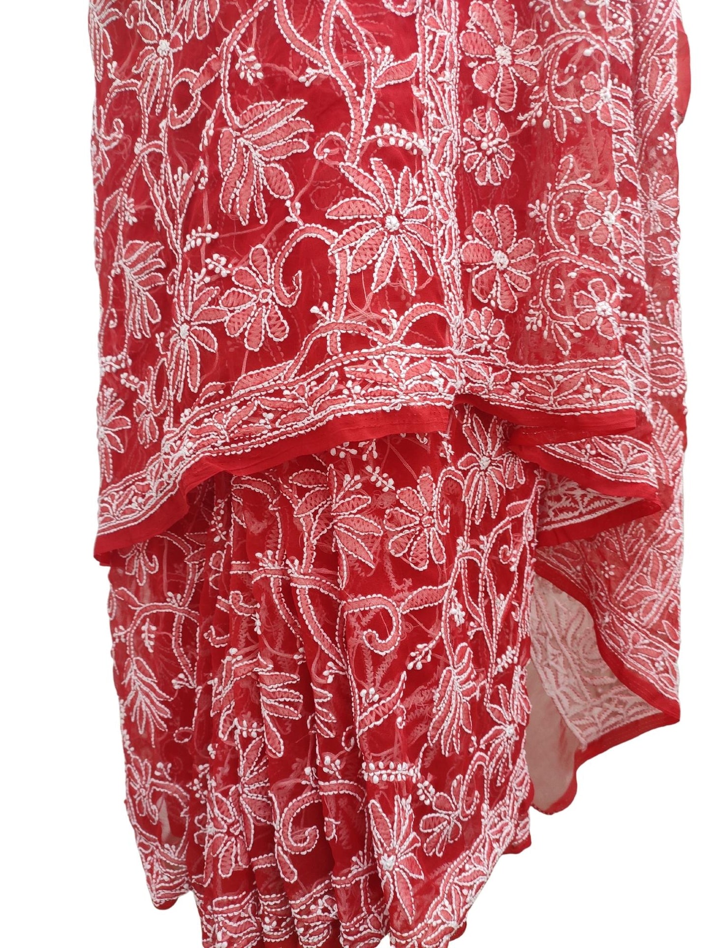 Shyamal Chikan Hand Embroidered Red Georgette Lucknowi Chikankari Full Jaal Saree With Blouse Piece - S13648