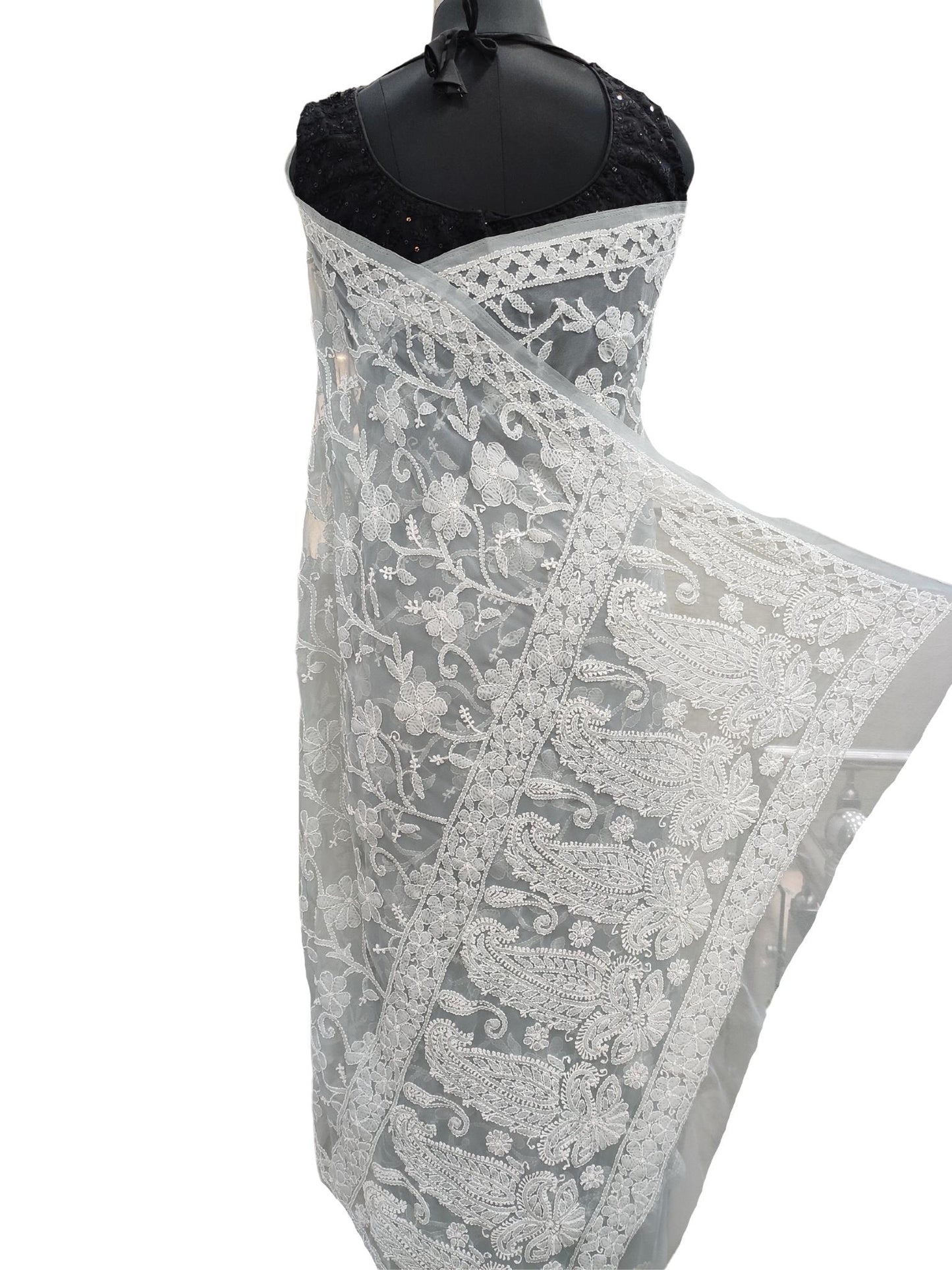 Shyamal Chikan Hand Embroidered Grey Georgette Lucknowi Chikankari Shoulder Jaal Saree With Blouse Piece - S17093