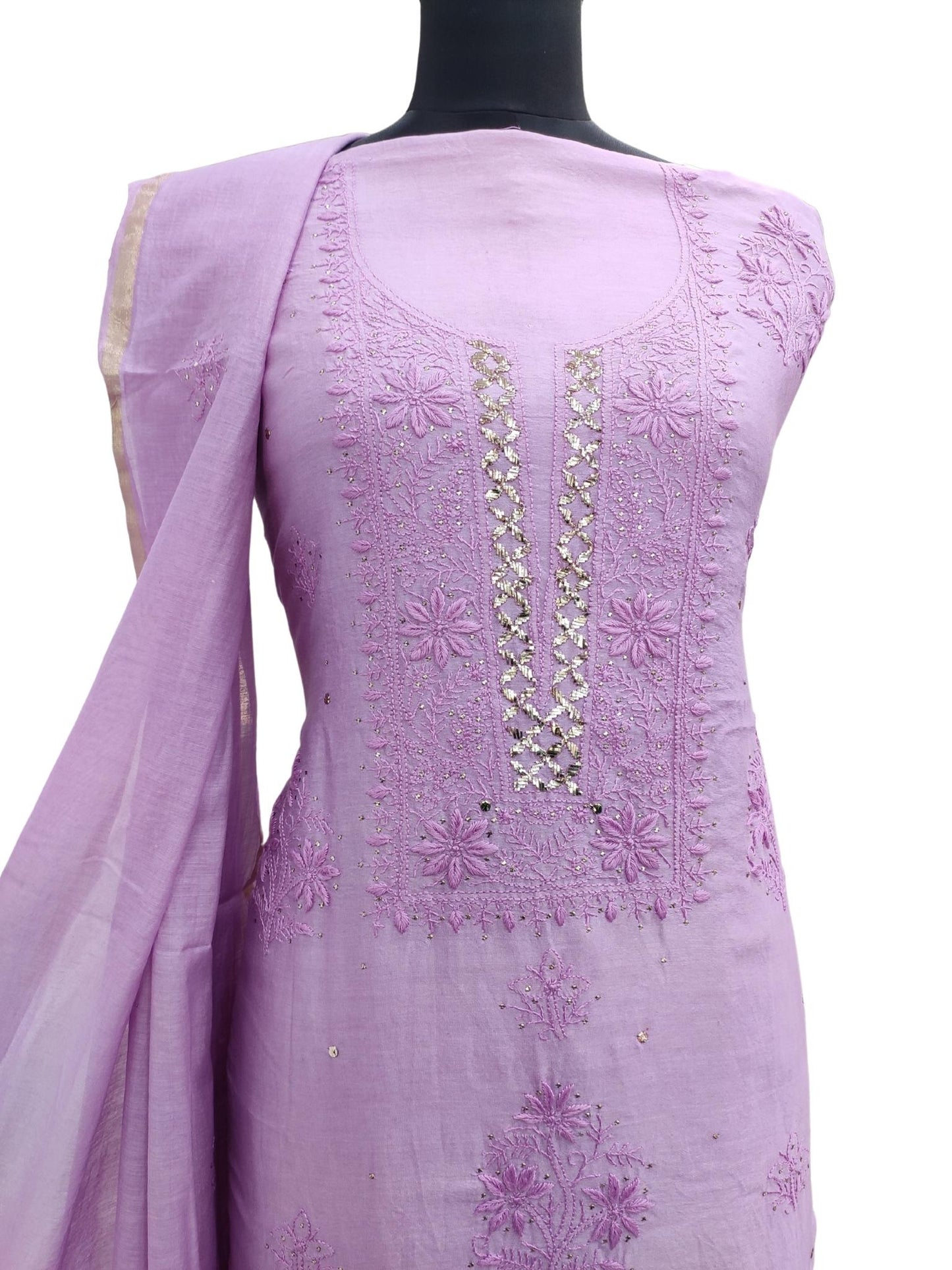 Shyamal Chikan Hand Embroidered Purple Pure Chanderi Silk Lucknowi Chikankari Unstitched Suit Piece With Mukaish Work ( Kurta Dupatta Set ) - S16376