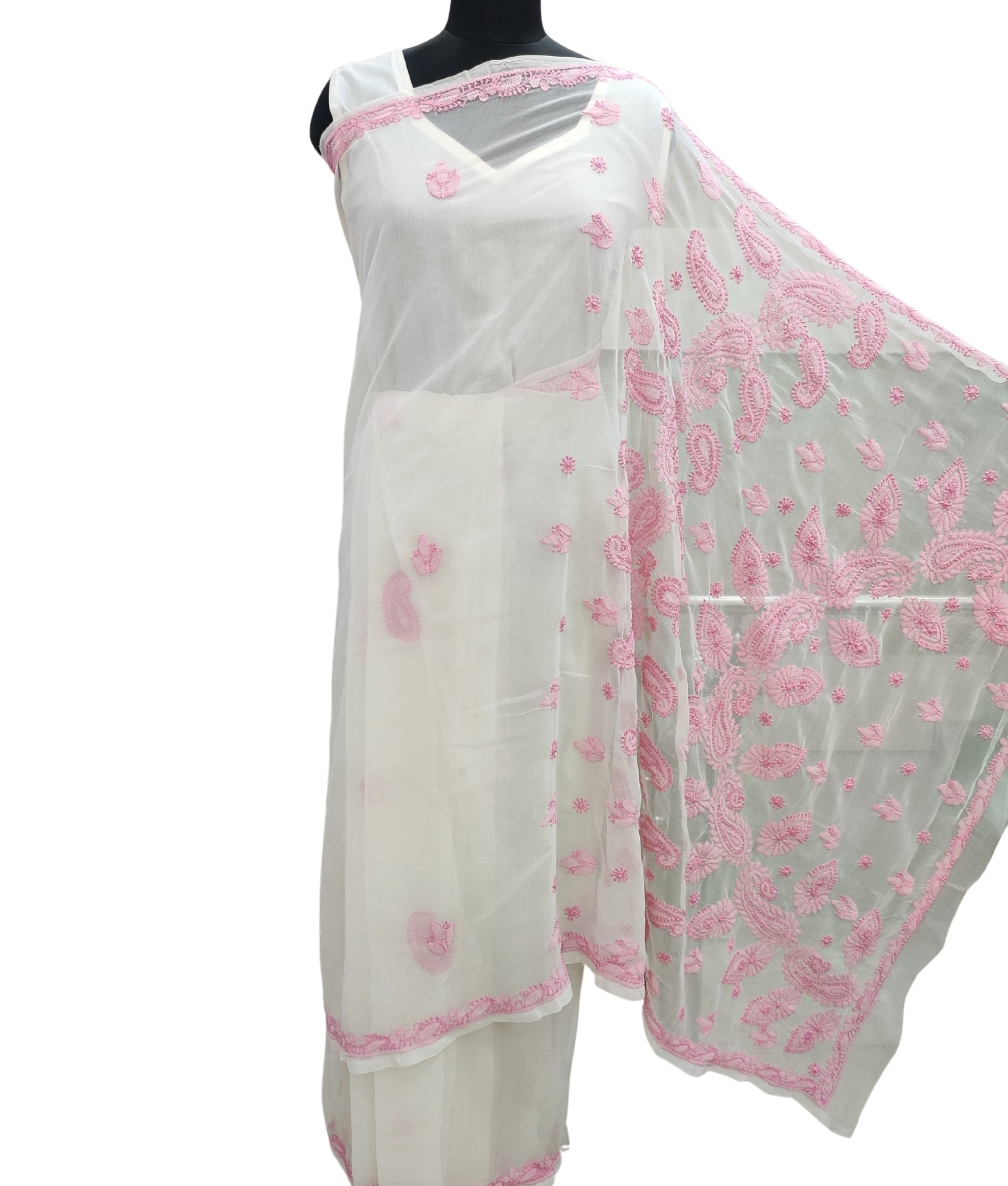 Shyamal Chikan Hand Embroidered White Georgette Lucknowi Chikankari Saree With Blouse Piece - S468