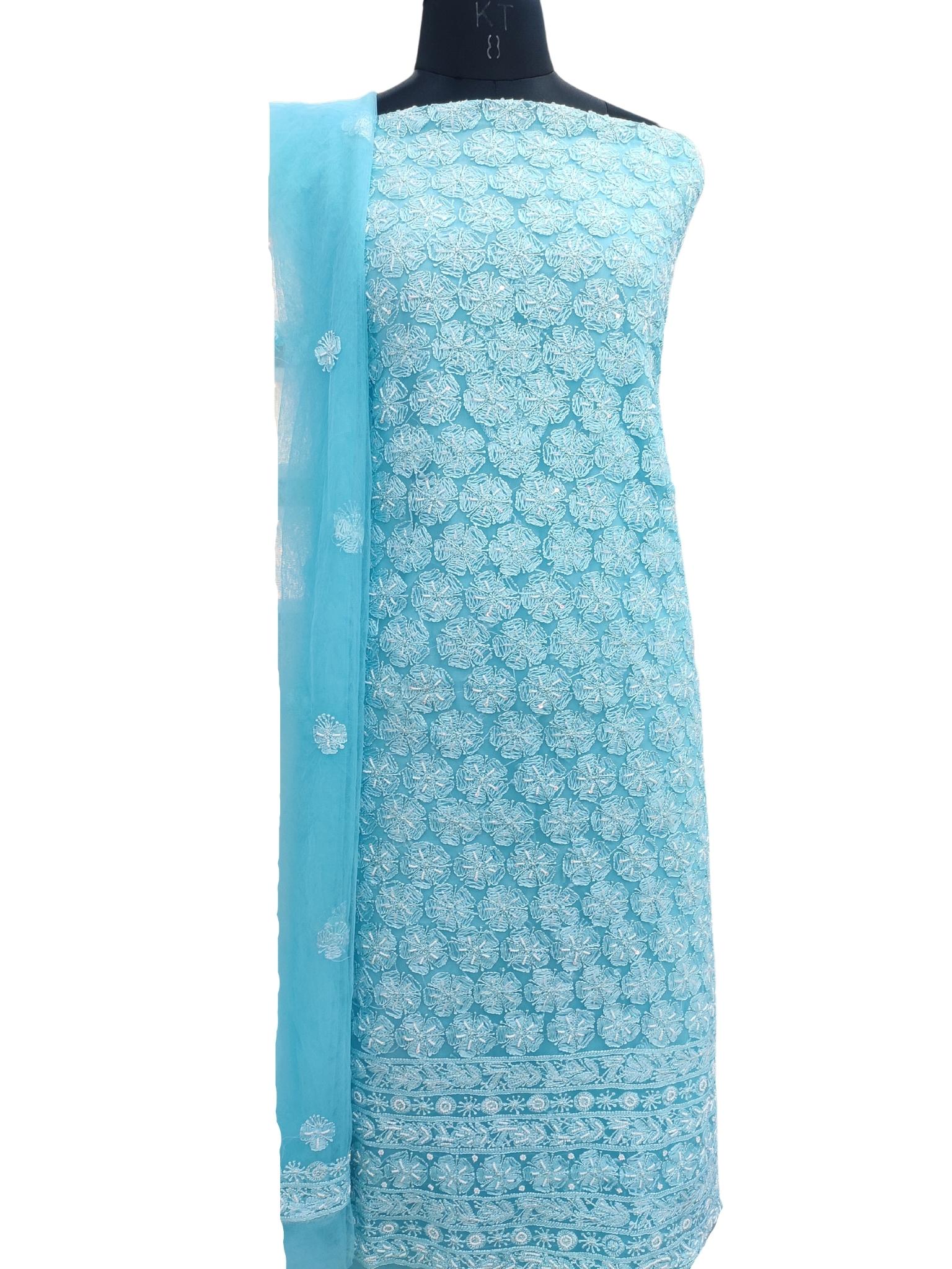 Shyamal Chikan Hand Embroidered Blue Pure Tissue Net Lucknowi Chikankari Unstitched Suit Piece ( Set of 2 ) With Pearl Work - S11340