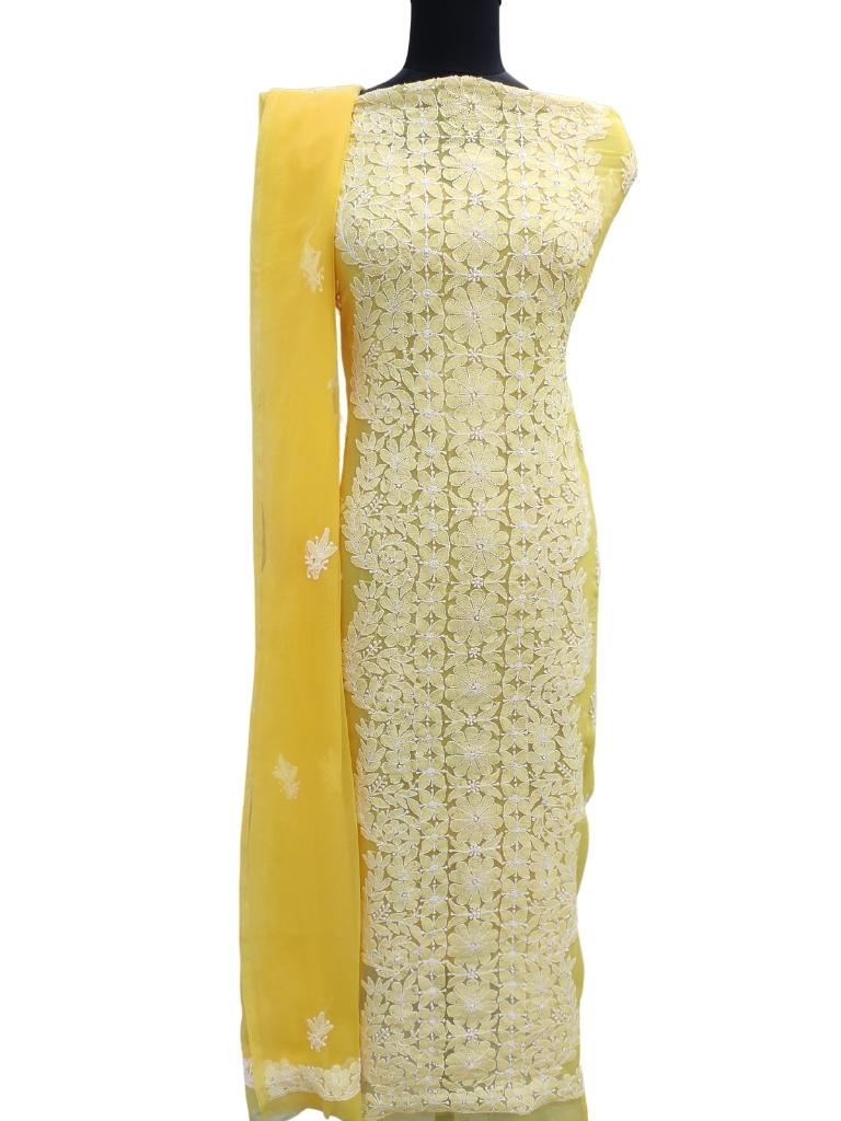 Shyamal Chikan Hand Embroidered Yellow Georgette Lucknowi Chikankari Unstitched Suit Piece - S15165