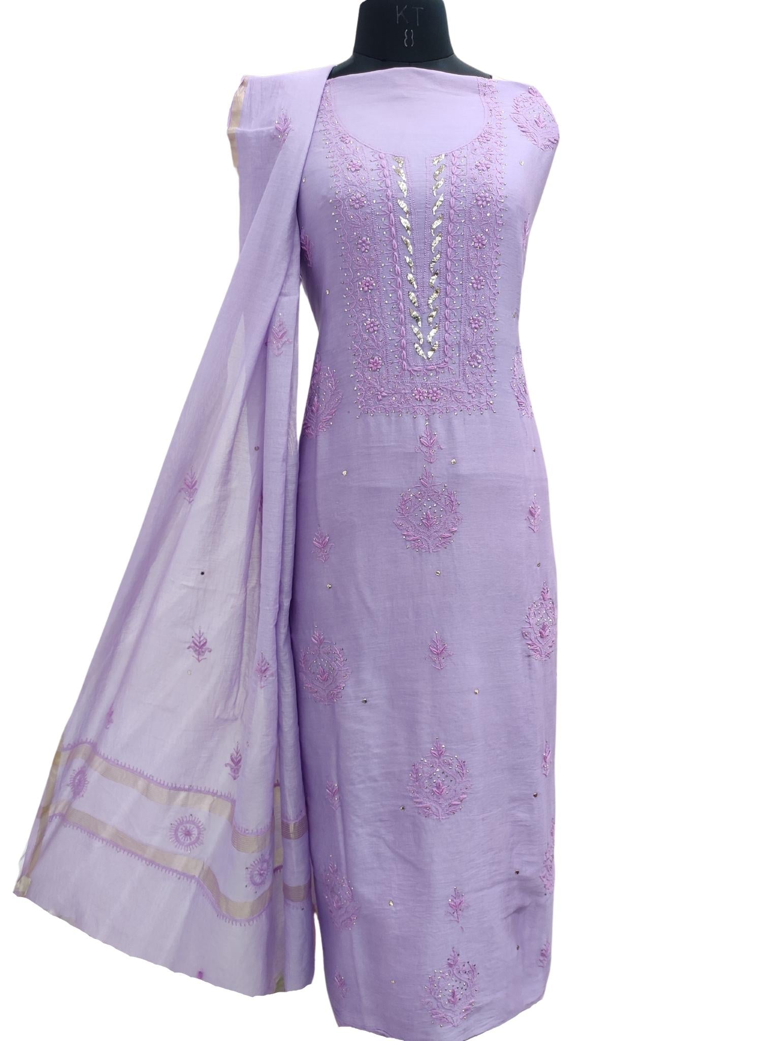 Shyamal Chikan Hand Embroidered Purple Chanderi Silk Lucknowi Chikankari Unstitched Suit Piece With Mukaish Work ( Set of 2 ) - S16781