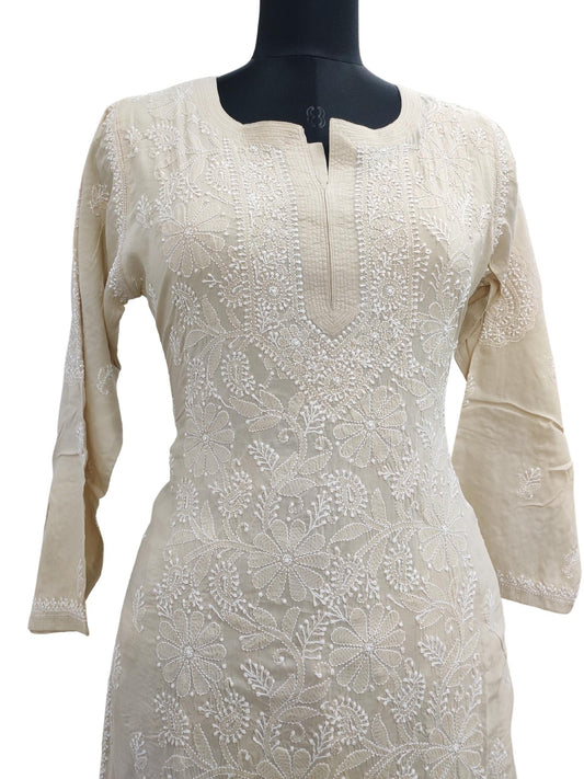 Shyamal Chikan Hand Embroidered Beige Modal Lucknowi Chikankari Kurta and Bottom Set - S16221