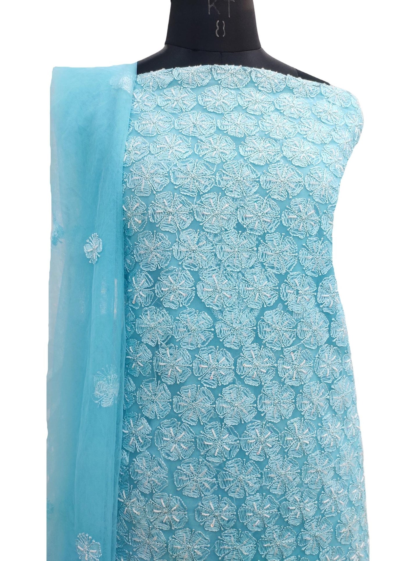 Shyamal Chikan Hand Embroidered Blue Pure Tissue Net Lucknowi Chikankari Unstitched Suit Piece ( Set of 2 ) With Pearl Work - S11340