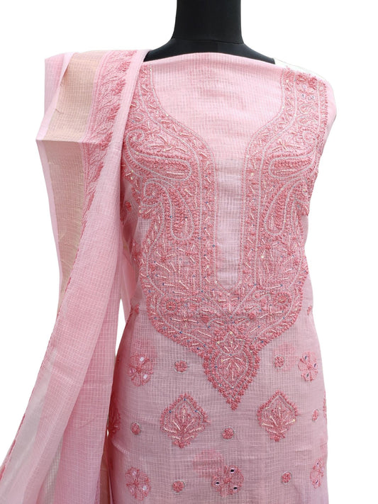 Shyamal Chikan Hand Embroidered Pink Kota Cotton Lucknowi Chikankari Unstitched Suit Piece With Pearl Work ( Kurta Dupatta Set ) - S16615