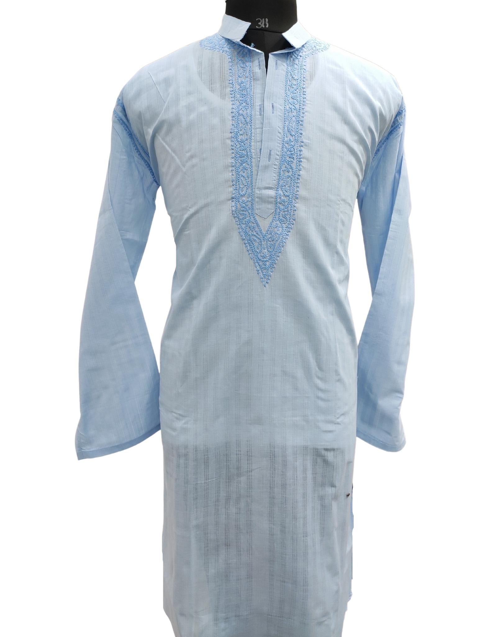 Shyamal Chikan Hand Embroidered Blue Cotton Lucknowi Chikankari Men's Kurta – S17302