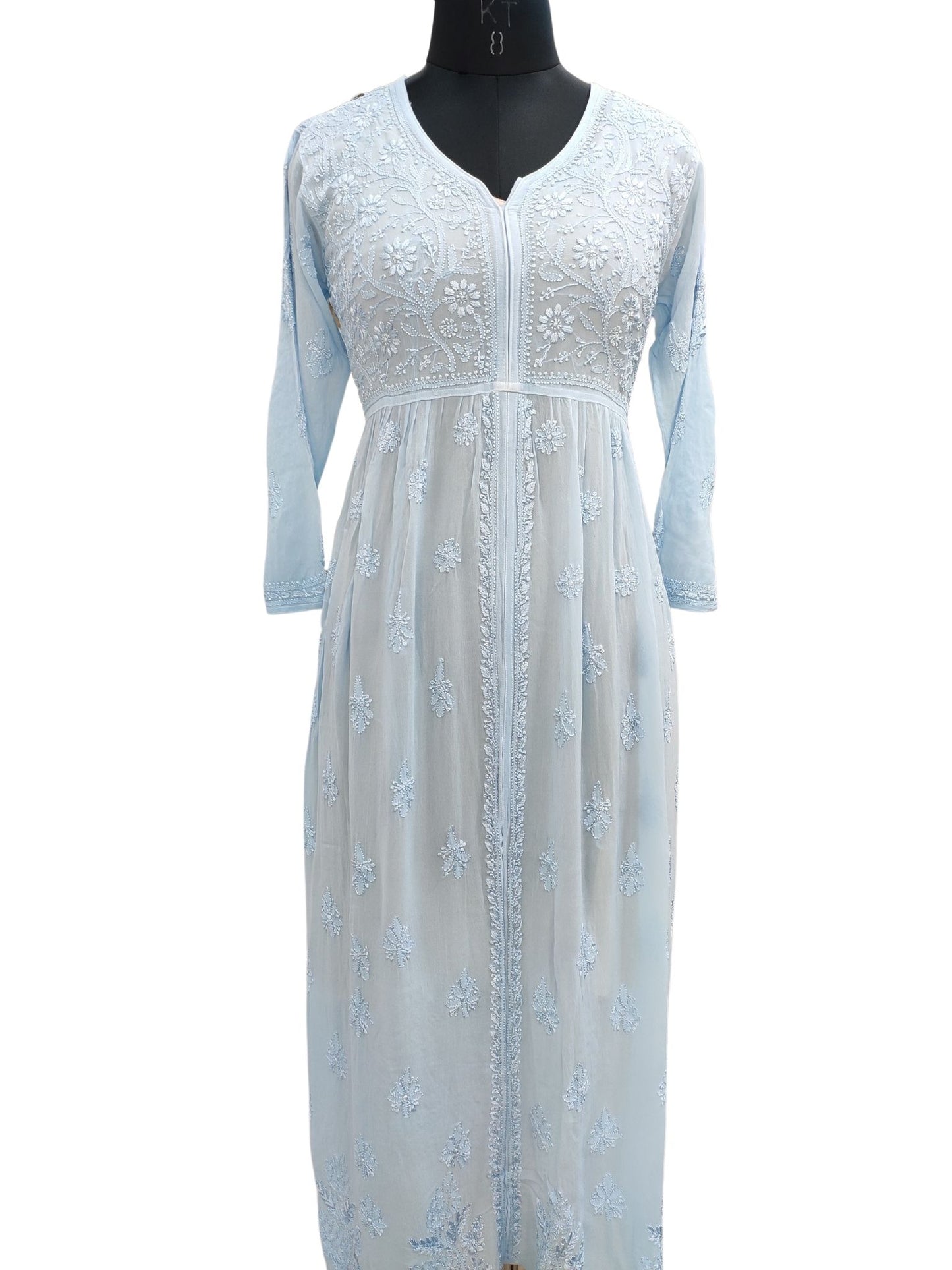 Shyamal Chikan Hand Embroidered Blue Viscose Georgette Lucknowi Chikankari Anarkali Gown - S17802
