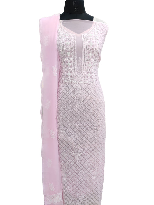 Shyamal Chikan Hand Embroidered Baby Pink Georgette Lucknowi Chikankari Unstitched Suit Piece - S18712