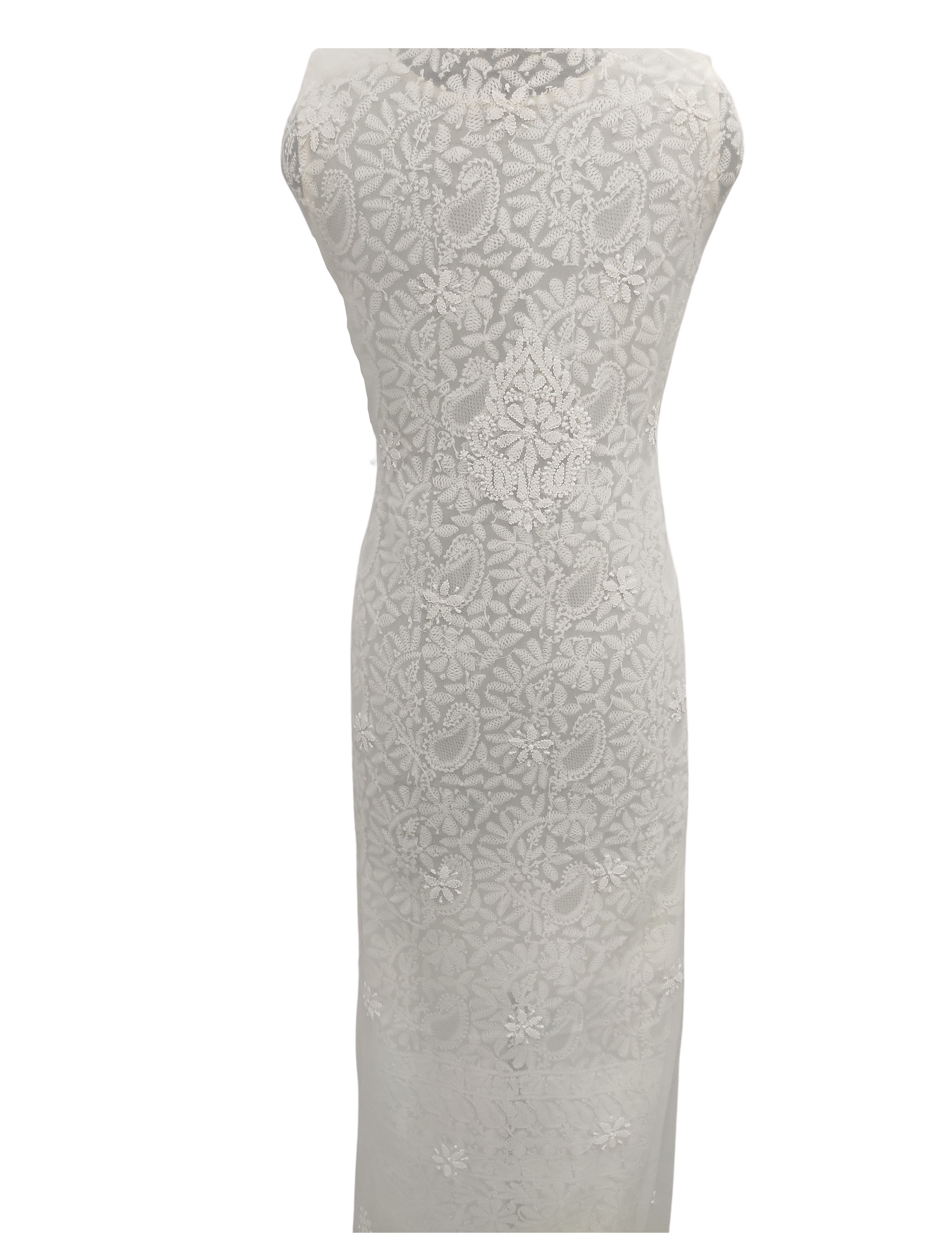 Shyamal Chikan Hand Embroidered White Georgette Lucknowi Chikankari Unstitched Suit Piece With Jaali Work - S10731 - Shyamal Chikan