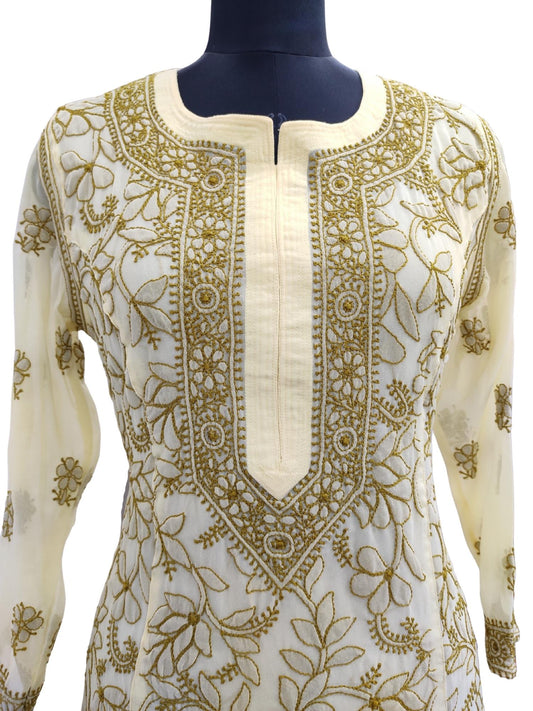 Shyamal Chikan Hand Embroidered Lemon Georgette Lucknowi Chikankari Kurti - S13616