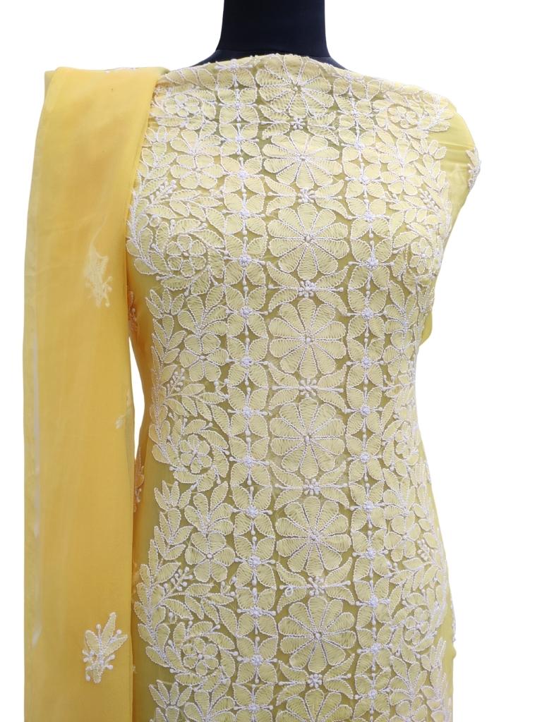 Shyamal Chikan Hand Embroidered Yellow Georgette Lucknowi Chikankari Unstitched Suit Piece - S15165