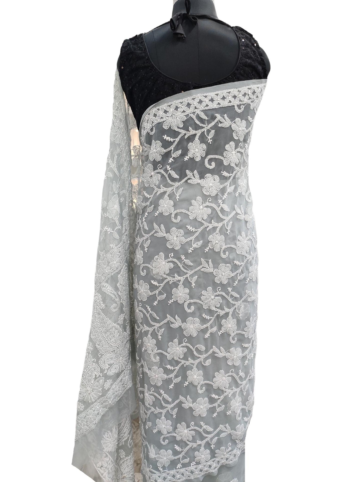 Shyamal Chikan Hand Embroidered Grey Georgette Lucknowi Chikankari Shoulder Jaal Saree With Blouse Piece - S17093