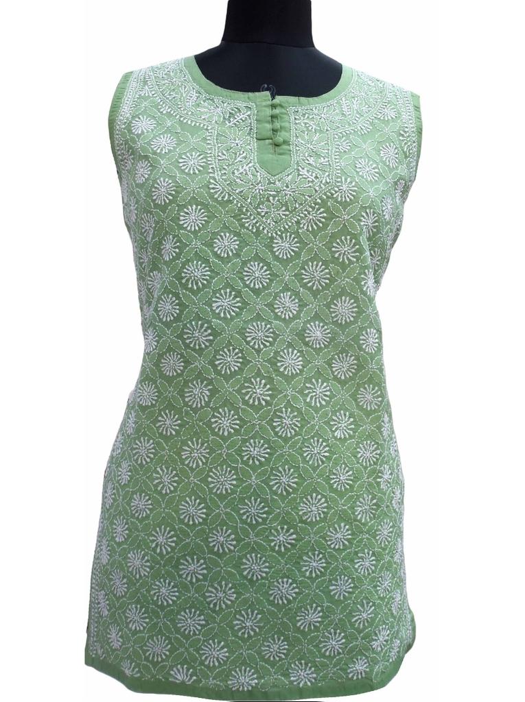 Shyamal Chikan Hand Embroidered Green Cotton Lucknowi Chikankari Sleeveless Short Top- S1110
