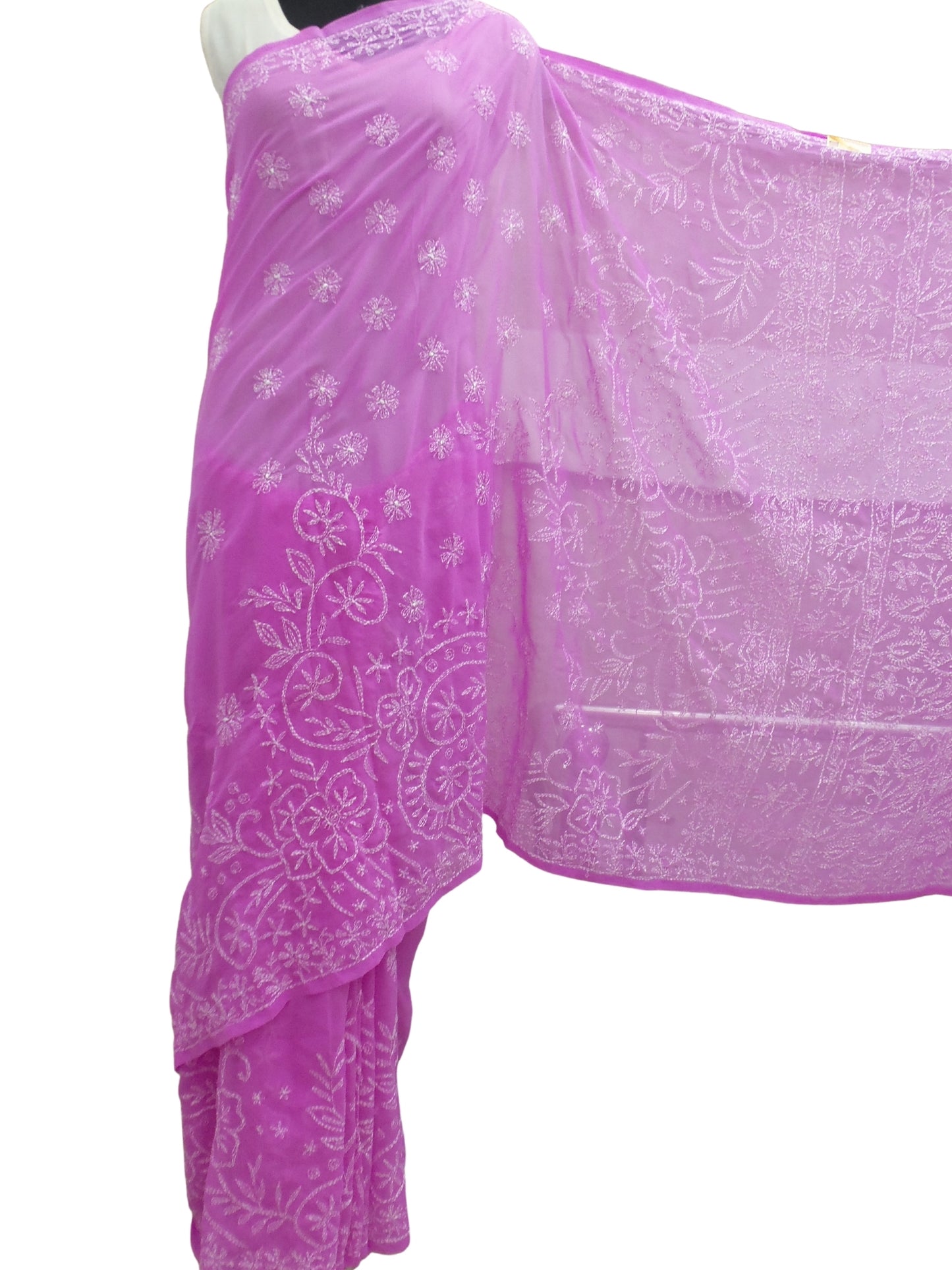 Shyamal Chikan Hand Embroidered Purple Georgette Lucknowi Chikankari Shaded Saree With Blouse Piece and Tepchi Work - S1173