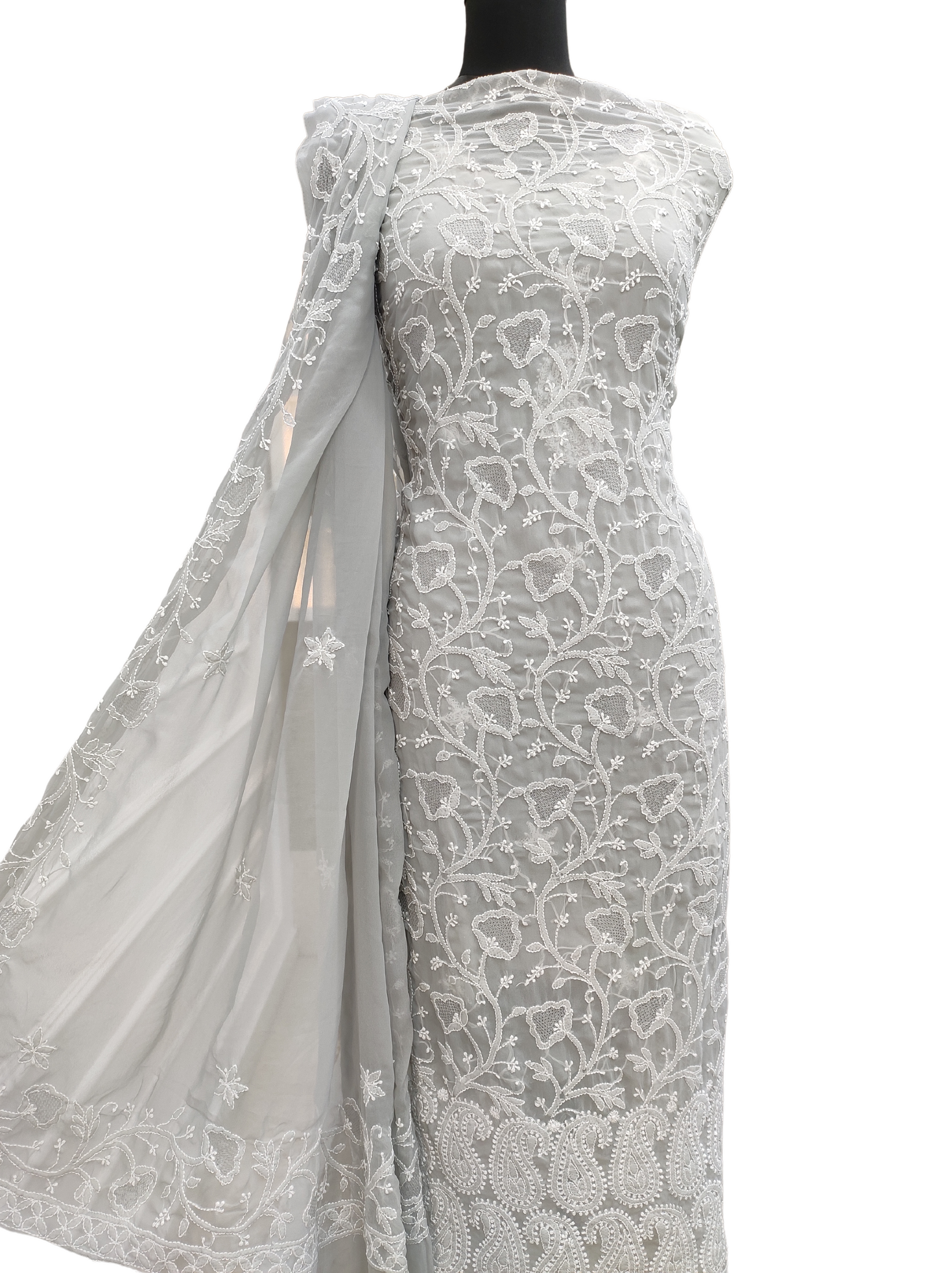 Shyamal Chikan Hand Embroidered Grey High Quality Georgette Lucknowi Chikankari Unstitched Suit Piece With Four Side Border Dupatta and Jaali Work - S12083